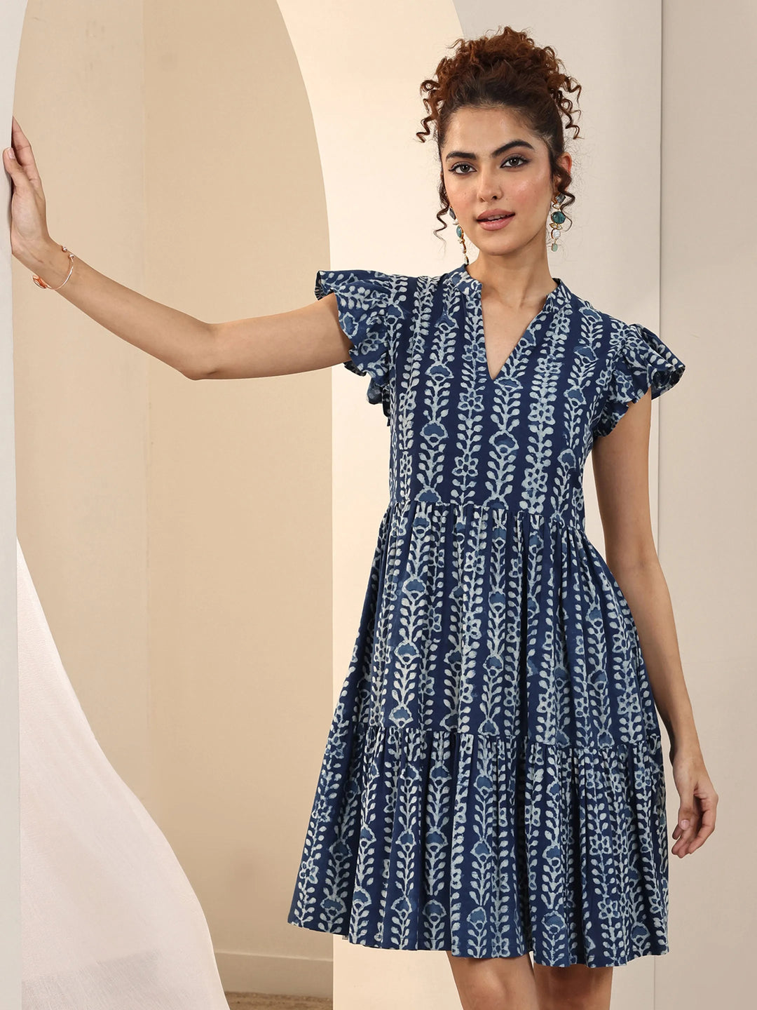  Indigo Printed Cotton Fit and Flare One Piece Dress 