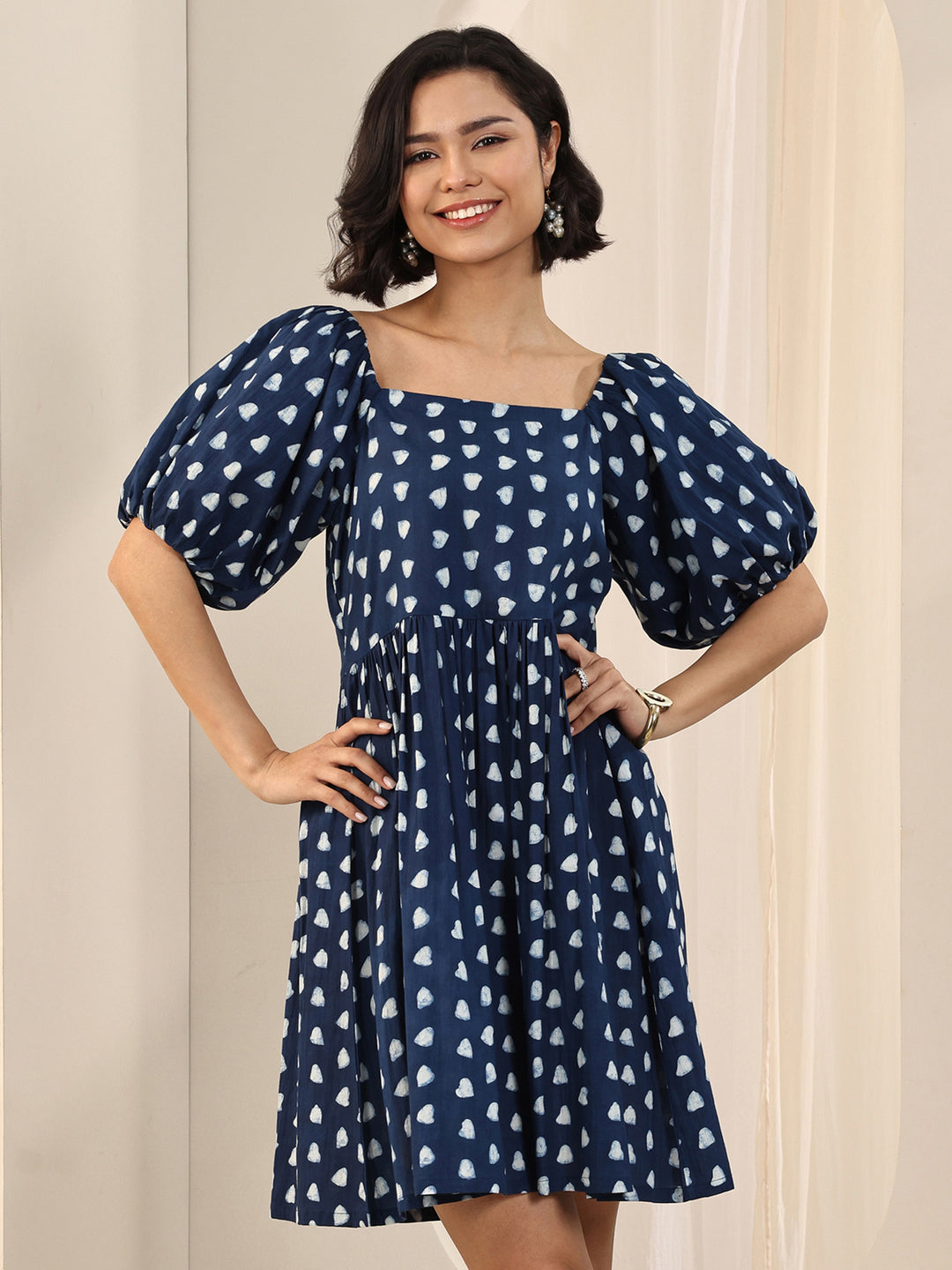  Indigo Printed Cotton Fit and Flare One Piece Dress 