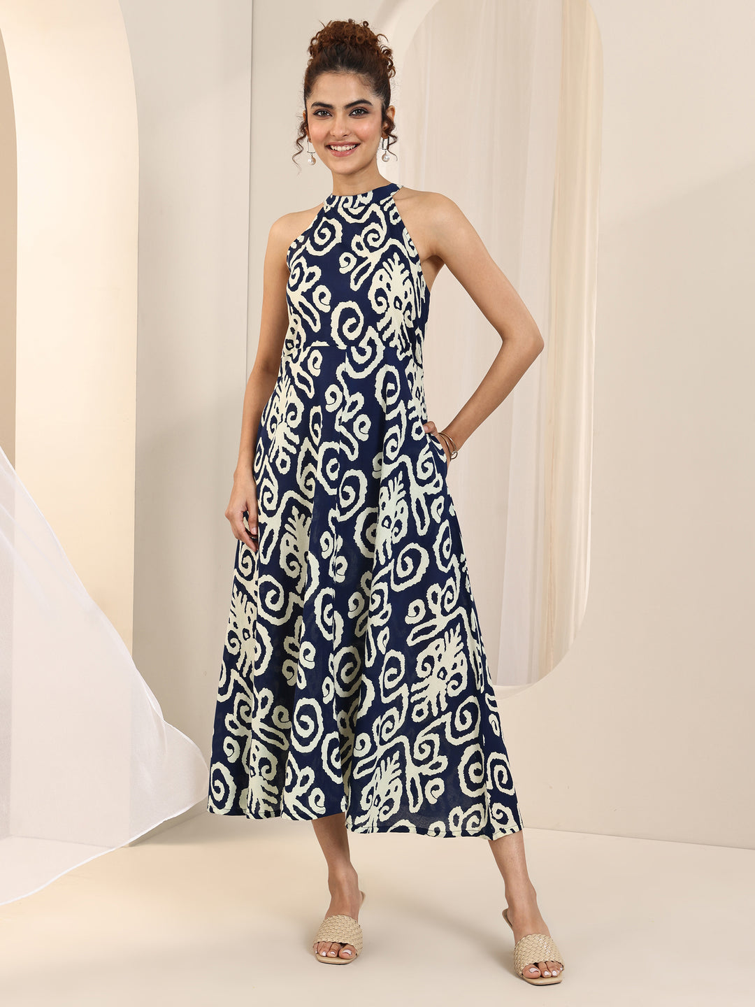  Indigo Printed Cotton A-Line One Piece Dress 