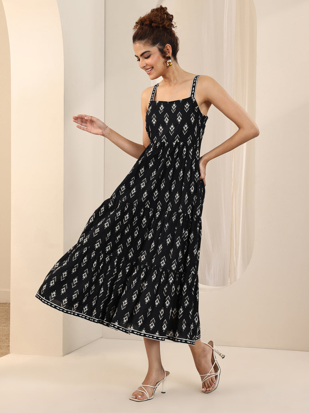  Black Printed Cotton Fit and Flare One Piece Dress 