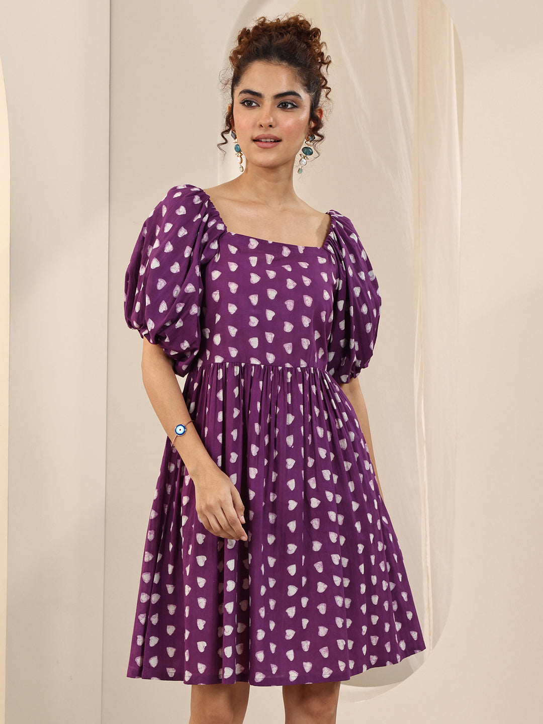  Purple Printed Cotton Fit and Flare One Piece Dress 