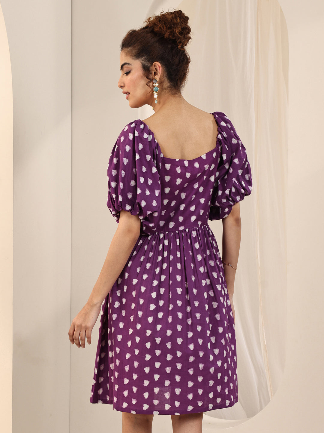  Purple Printed Cotton Fit and Flare One Piece Dress 