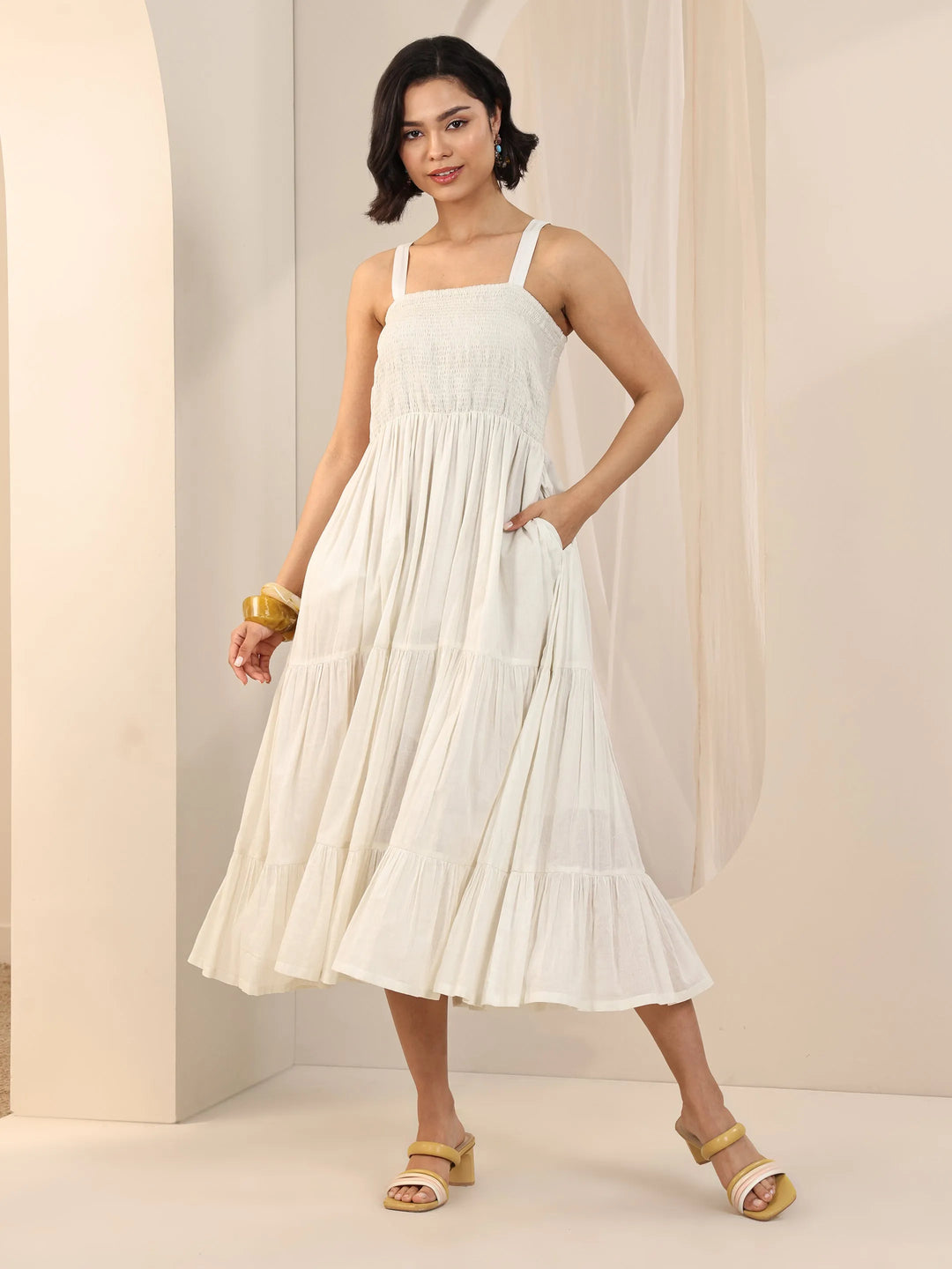  Off White Solid Cotton Fit and Flare One Piece Dress 