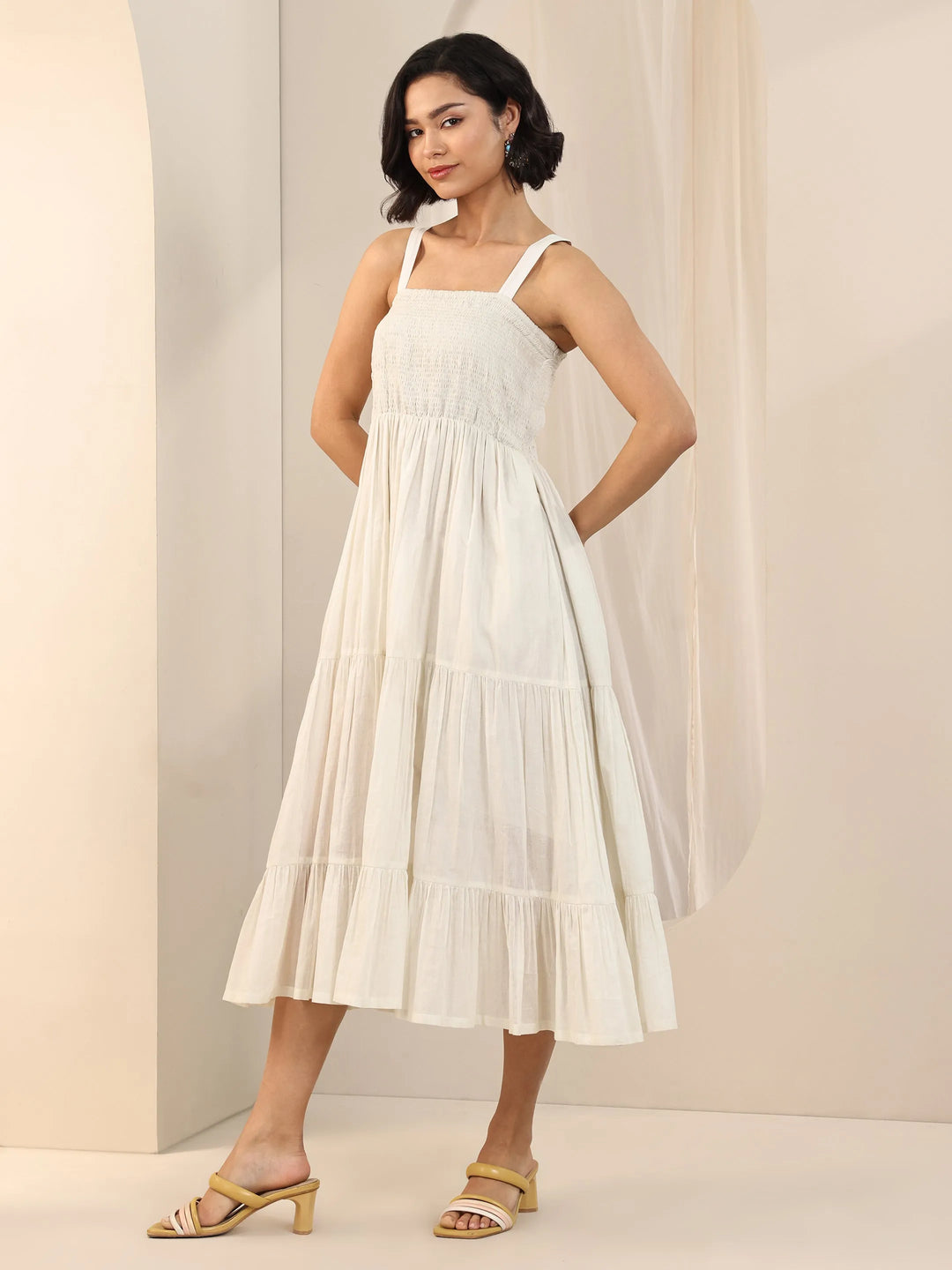  Off White Solid Cotton Fit and Flare One Piece Dress 