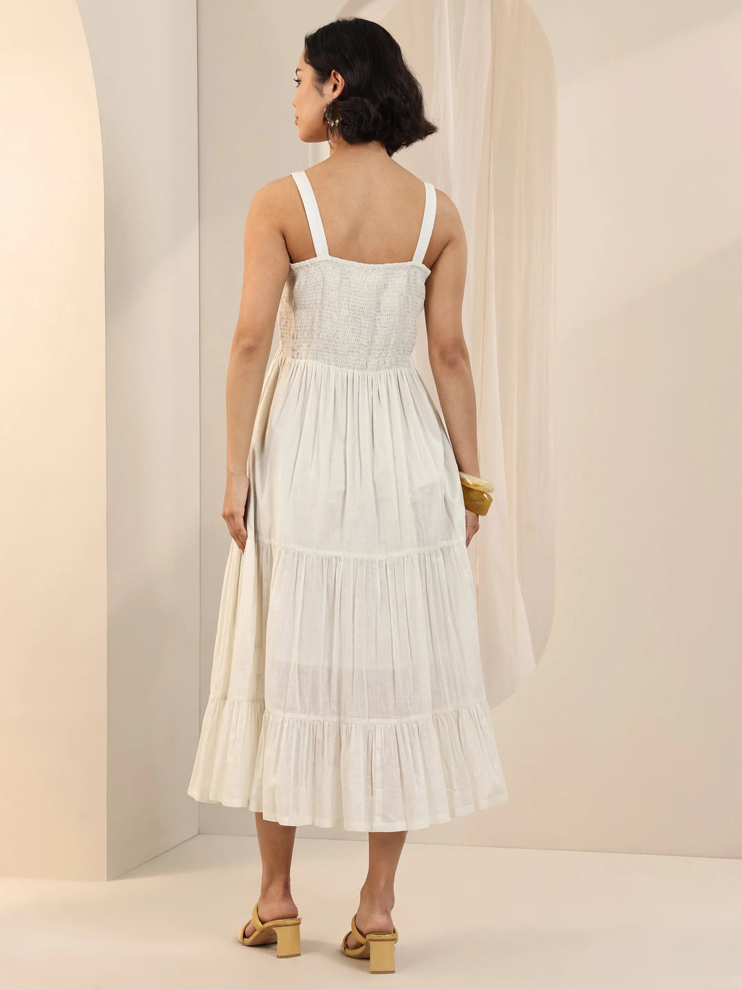  Off White Solid Cotton Fit and Flare One Piece Dress 