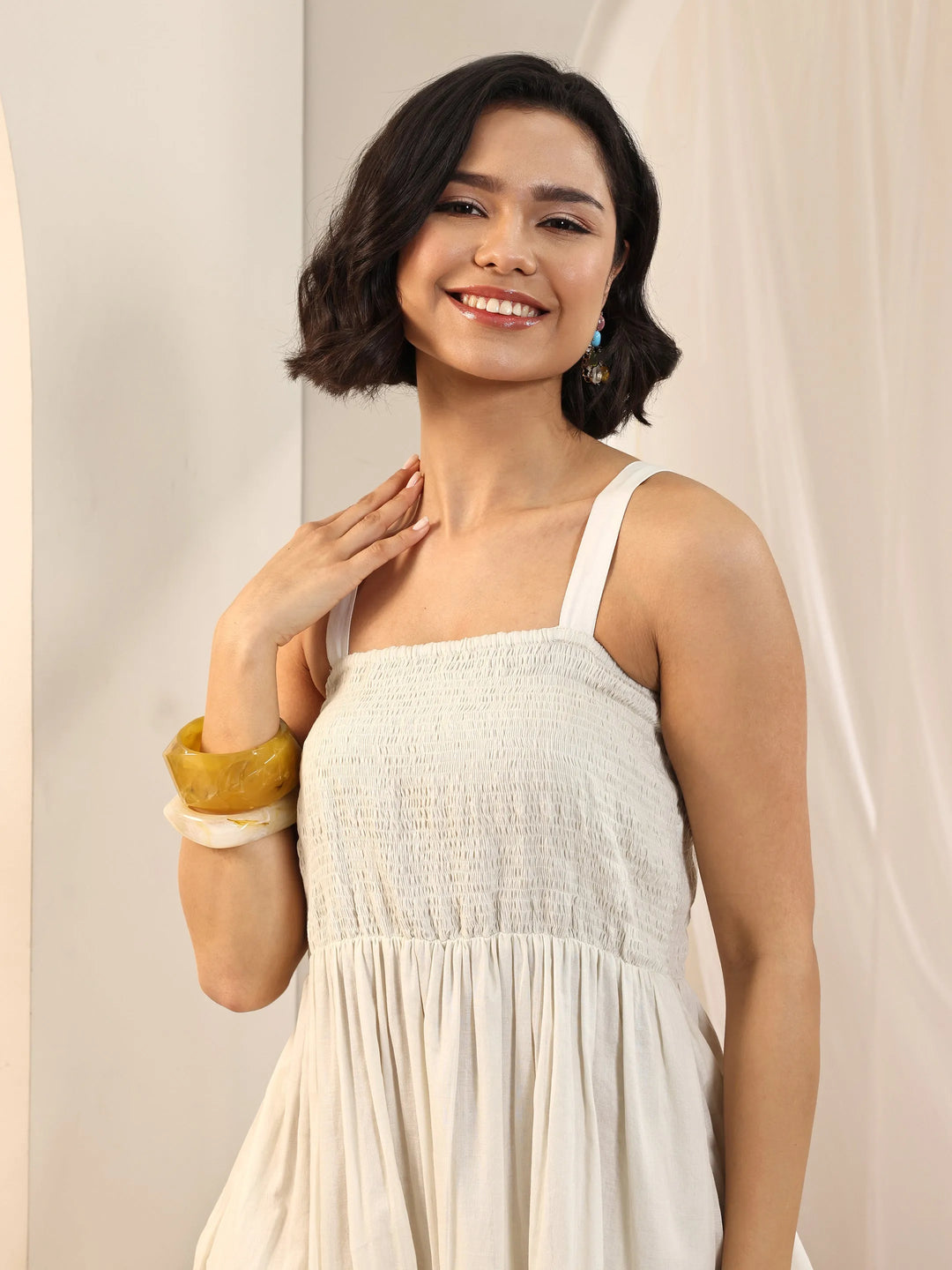  Off White Solid Cotton Fit and Flare One Piece Dress 