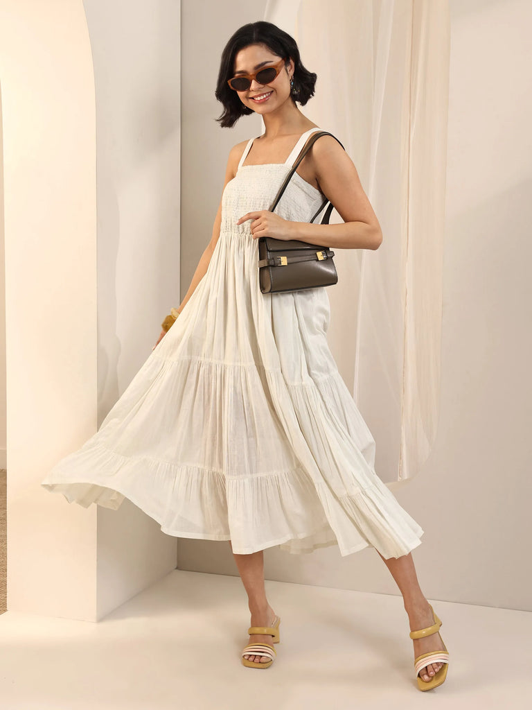 Libas Off White Solid Cotton Tiered Fit and Flare One Piece Dress
