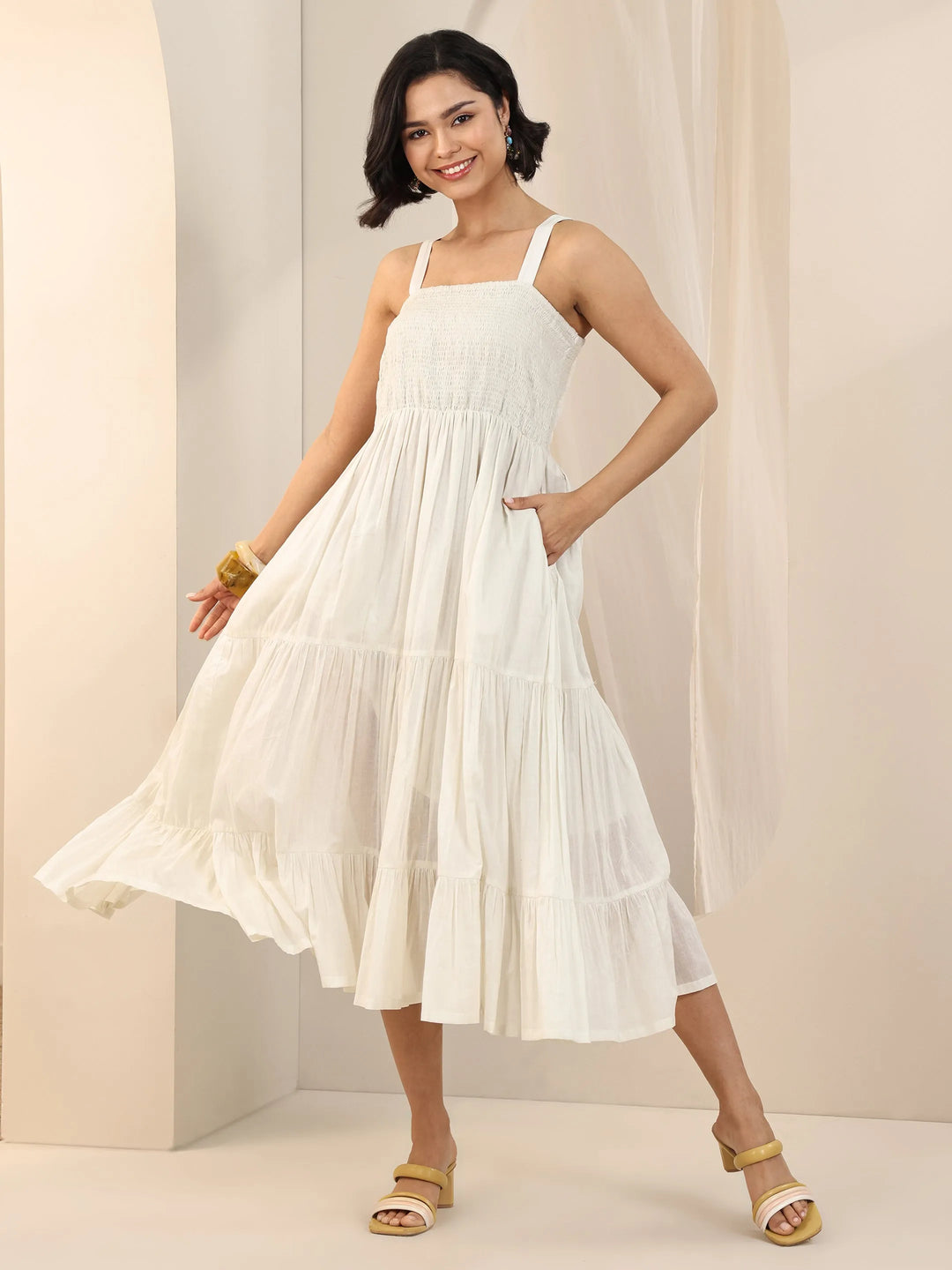  Off White Solid Cotton Fit and Flare One Piece Dress 