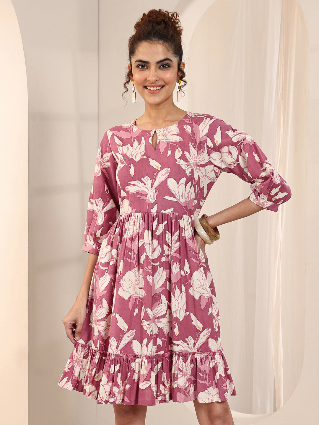  Rust Printed Cotton Fit and Flare One Piece Dress 