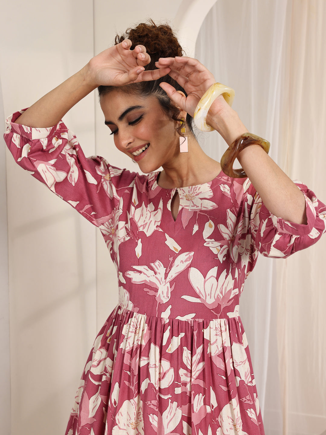  Rust Printed Cotton Fit and Flare One Piece Dress 