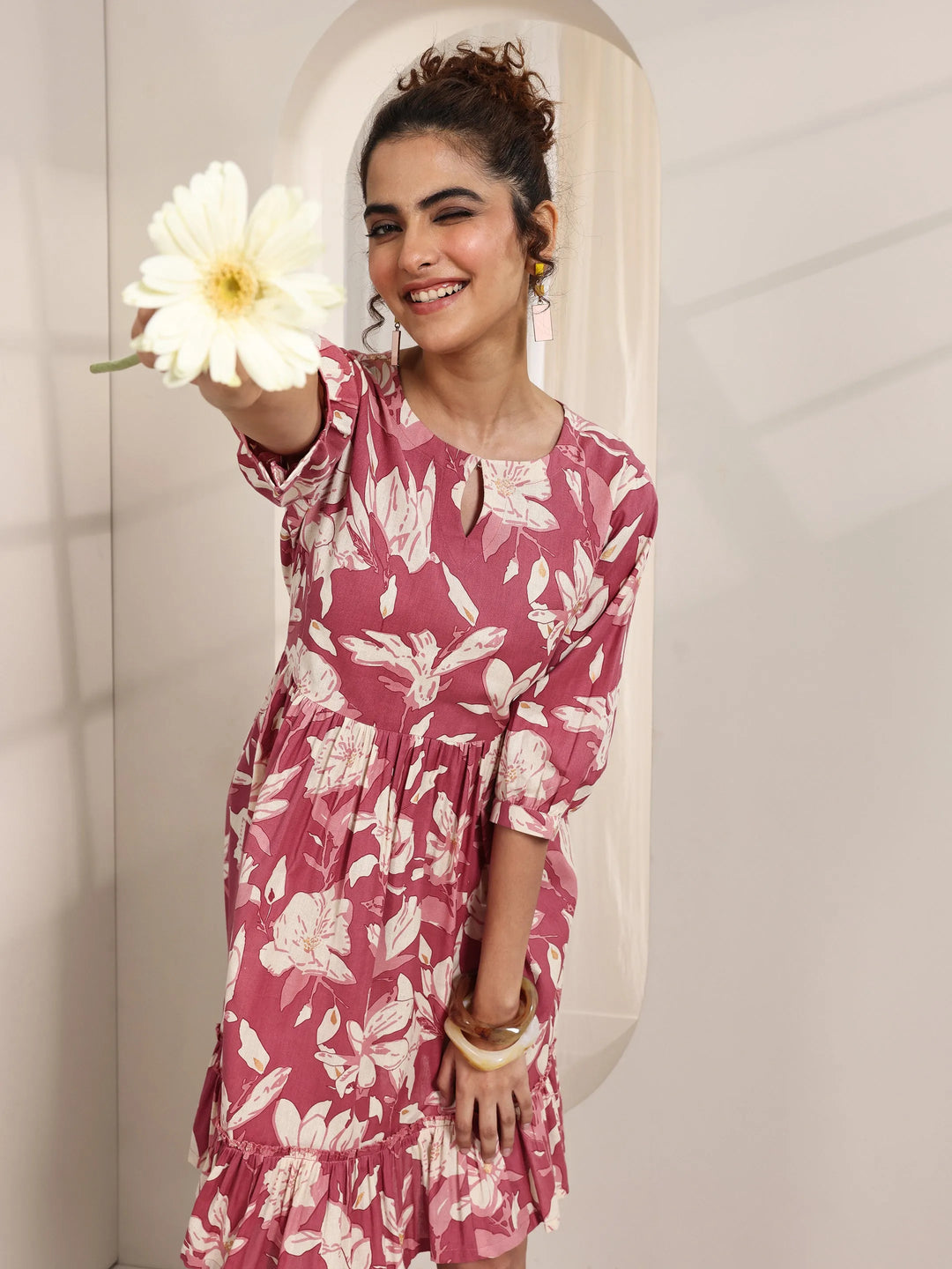  Rust Printed Cotton Fit and Flare One Piece Dress 