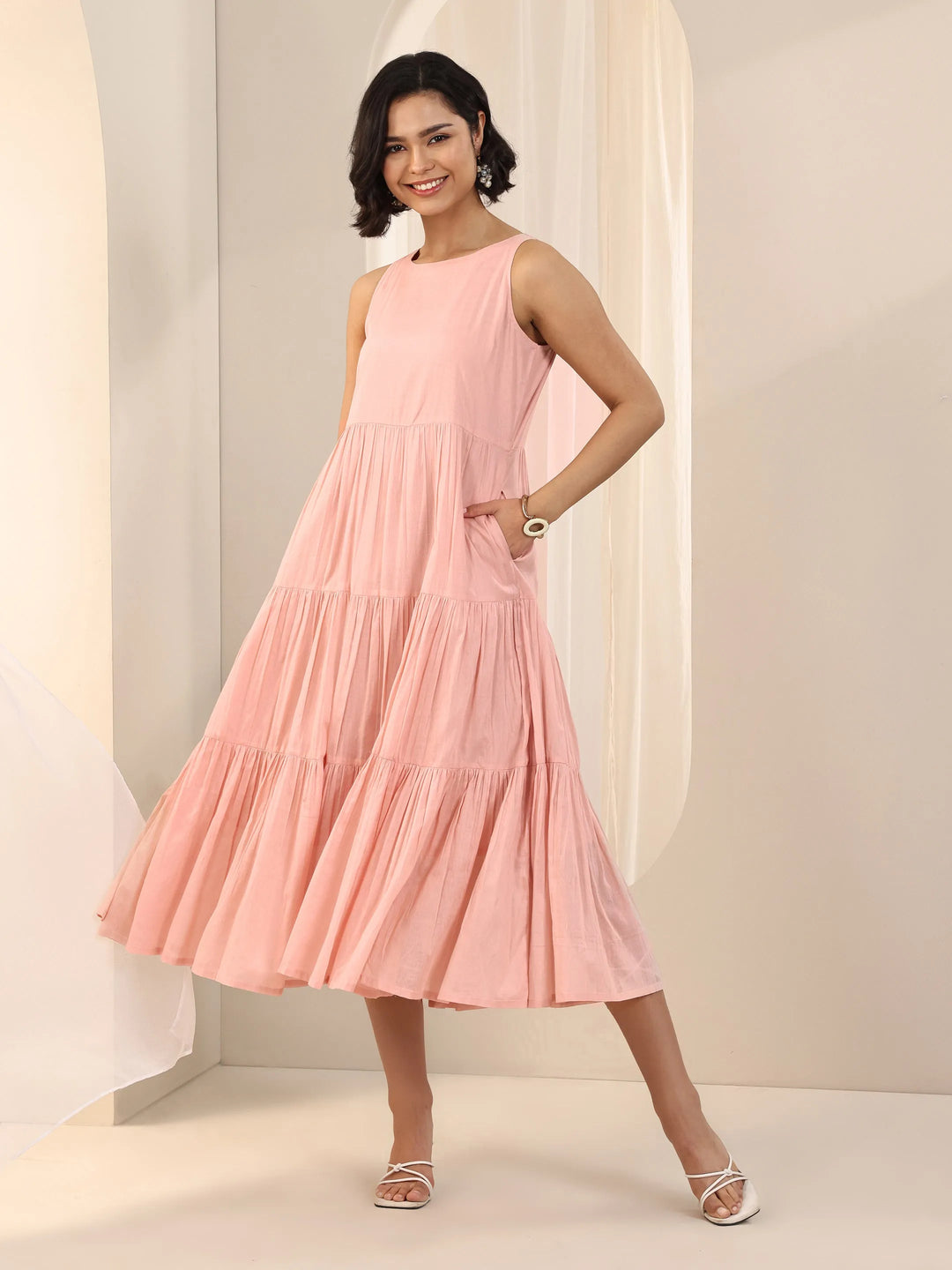  Peach Solid Cotton Fit and Flare One Piece Dress 