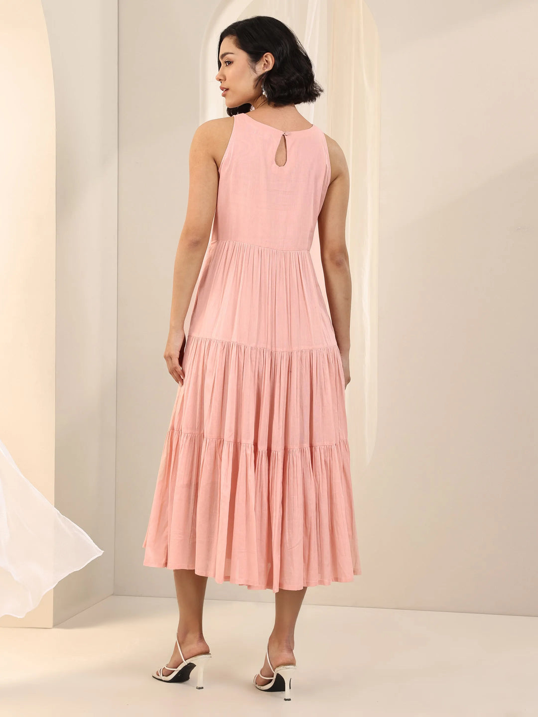  Peach Solid Cotton Fit and Flare One Piece Dress 