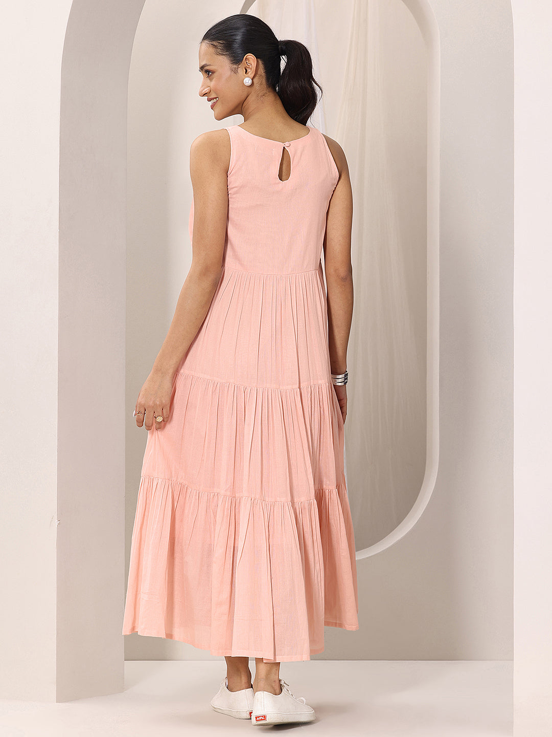  Peach Solid Cotton Fit and Flare One Piece Dress 