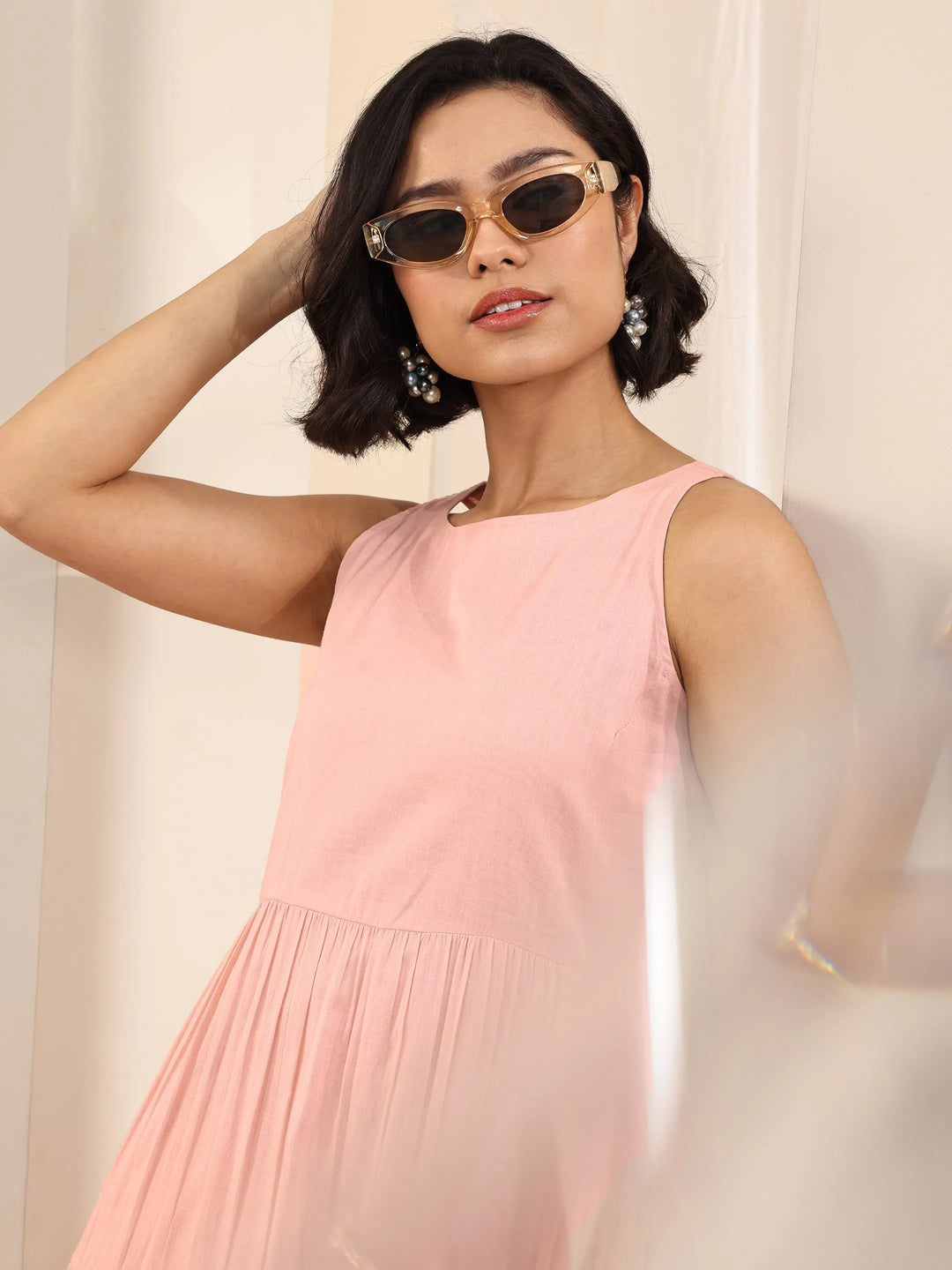  Peach Solid Cotton Fit and Flare One Piece Dress 