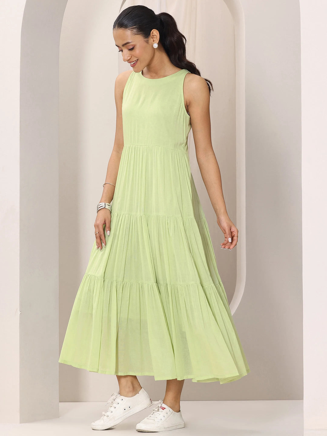  Green Solid Cotton Fit and Flare One Piece Dress 