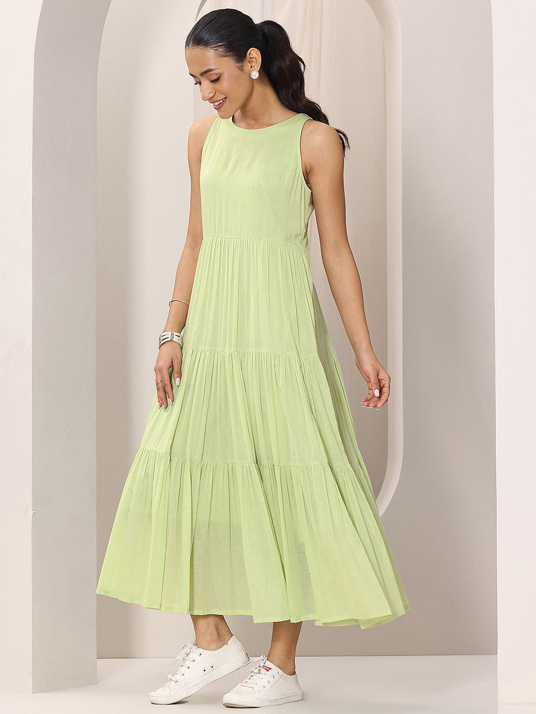 Buy Green Solid Cotton Tiered Fit and Flare One Piece Dress Online at Rs.929 | Libas Buy Green Solid Cotton Tiered Fit and Flare One Piece Dress Online at Rs.929 | Libas
