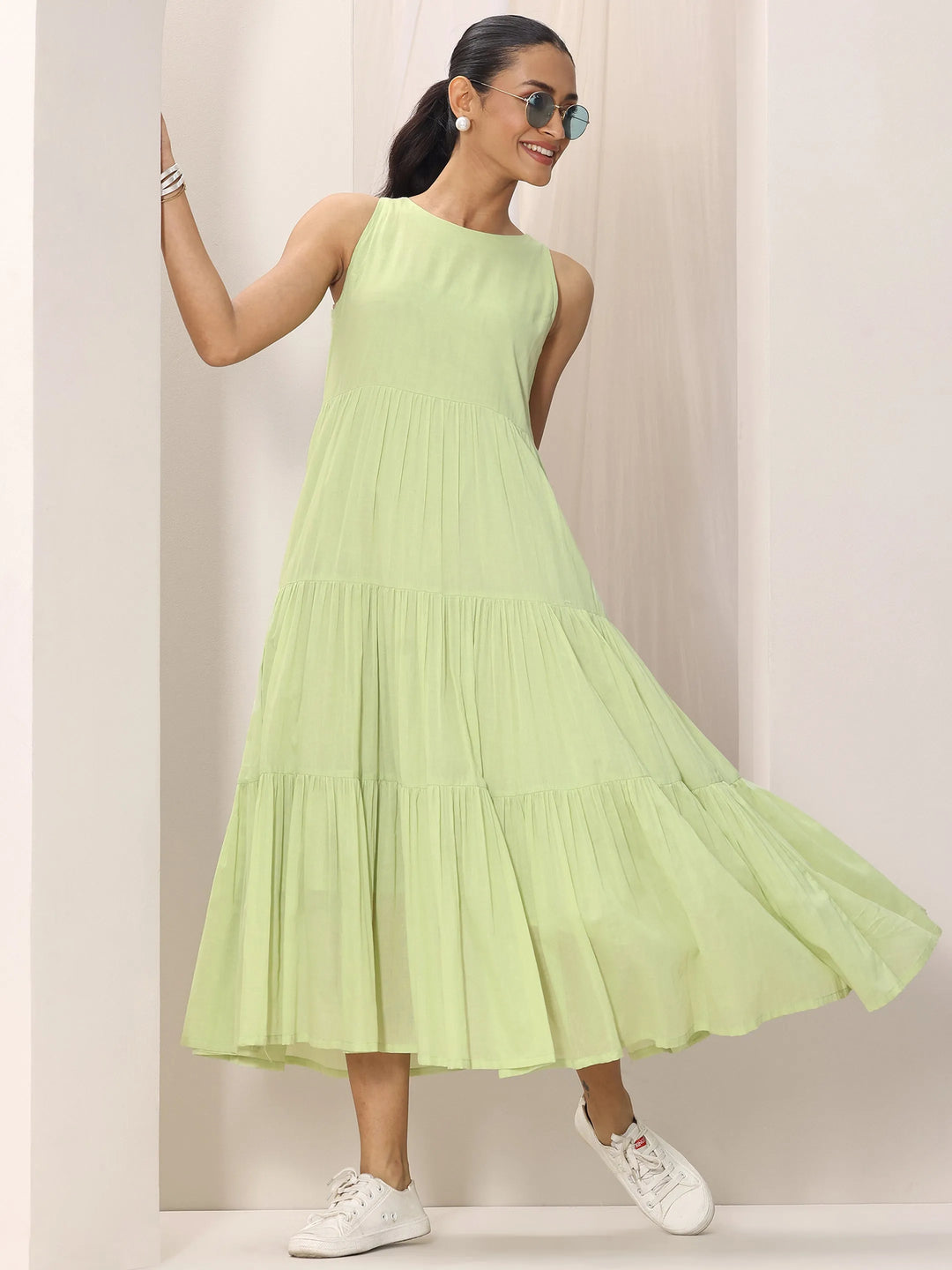  Green Solid Cotton Fit and Flare One Piece Dress 