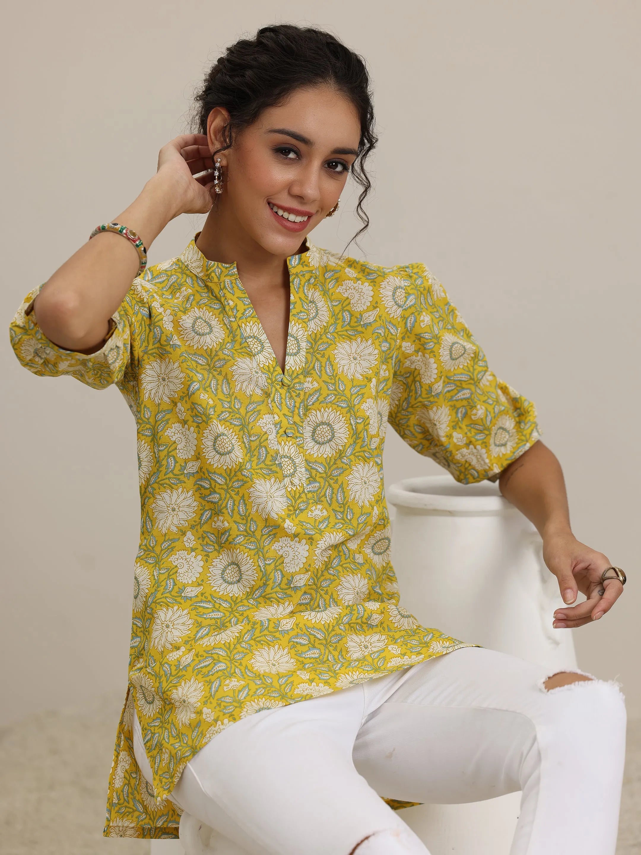 Yellow Printed Cotton Straight Short Kurti-image-24