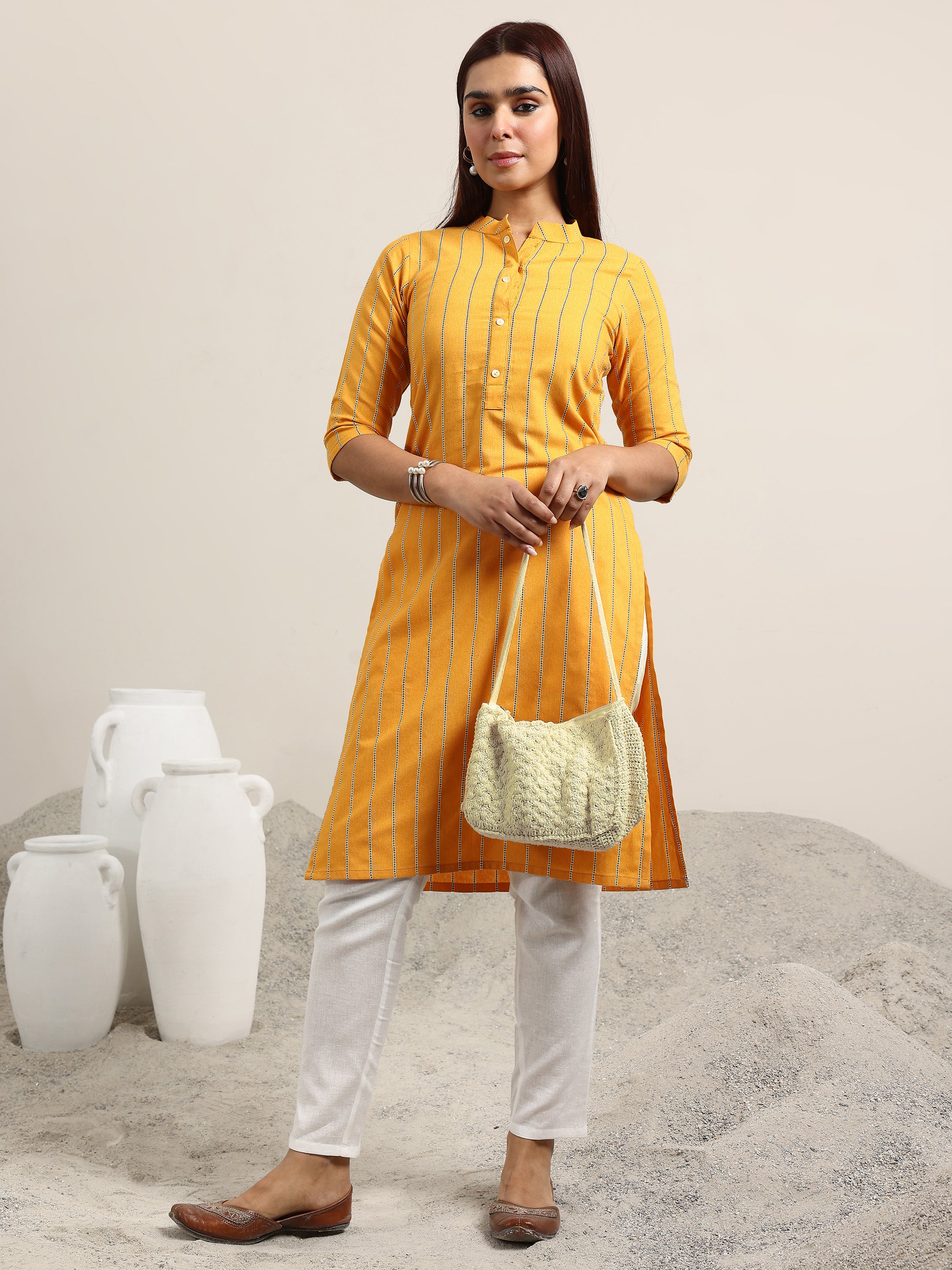 libas Gerua Mustard Striped Cotton Blend Straight Kurta-picture-25