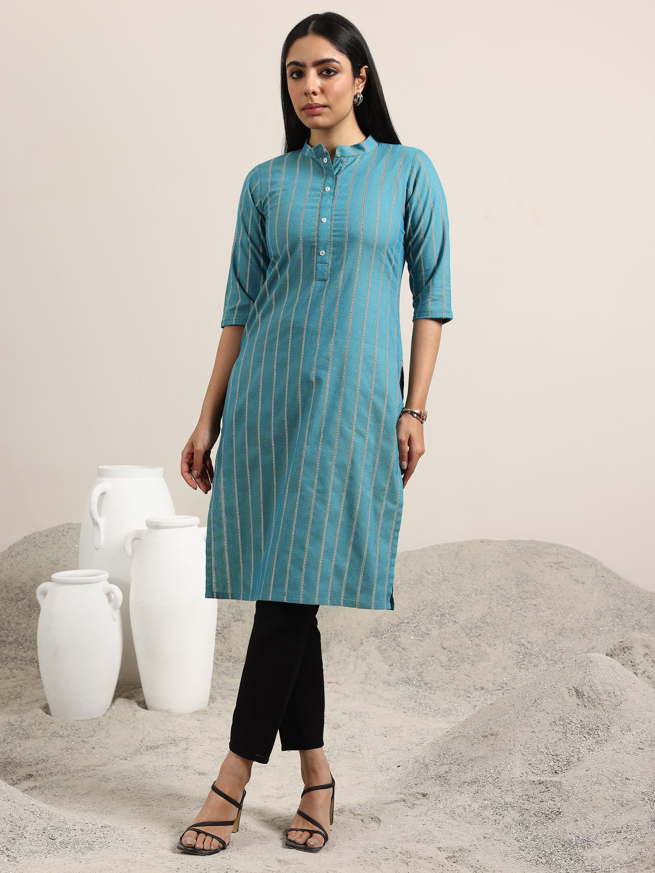 libas Blue Woven Design Cotton Blend Straight Kurta-picture-38