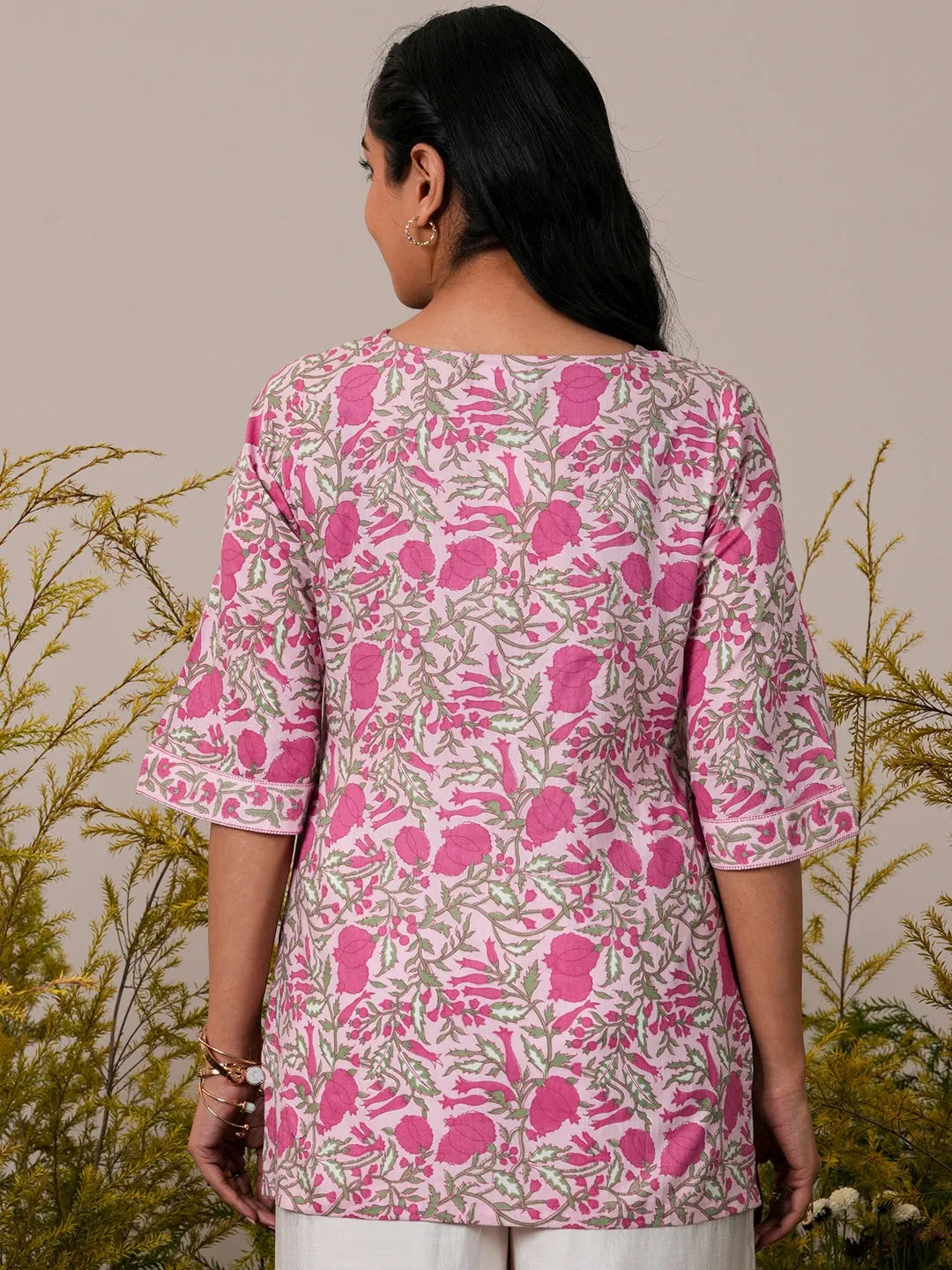  Pink Printed Cotton Straight Short Kurti 