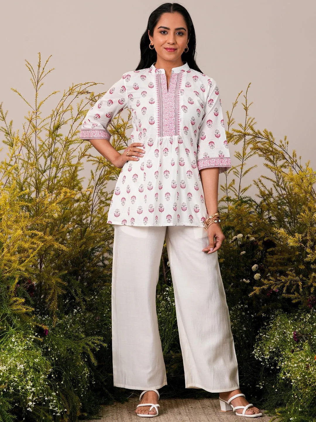  White Printed Cotton Straight Kurti 