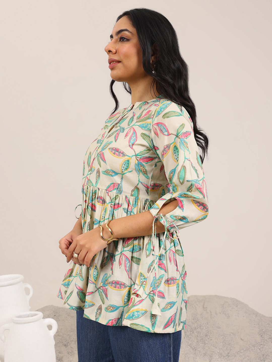  Off White Printed Silk Blend Anarkali Short Kurti 