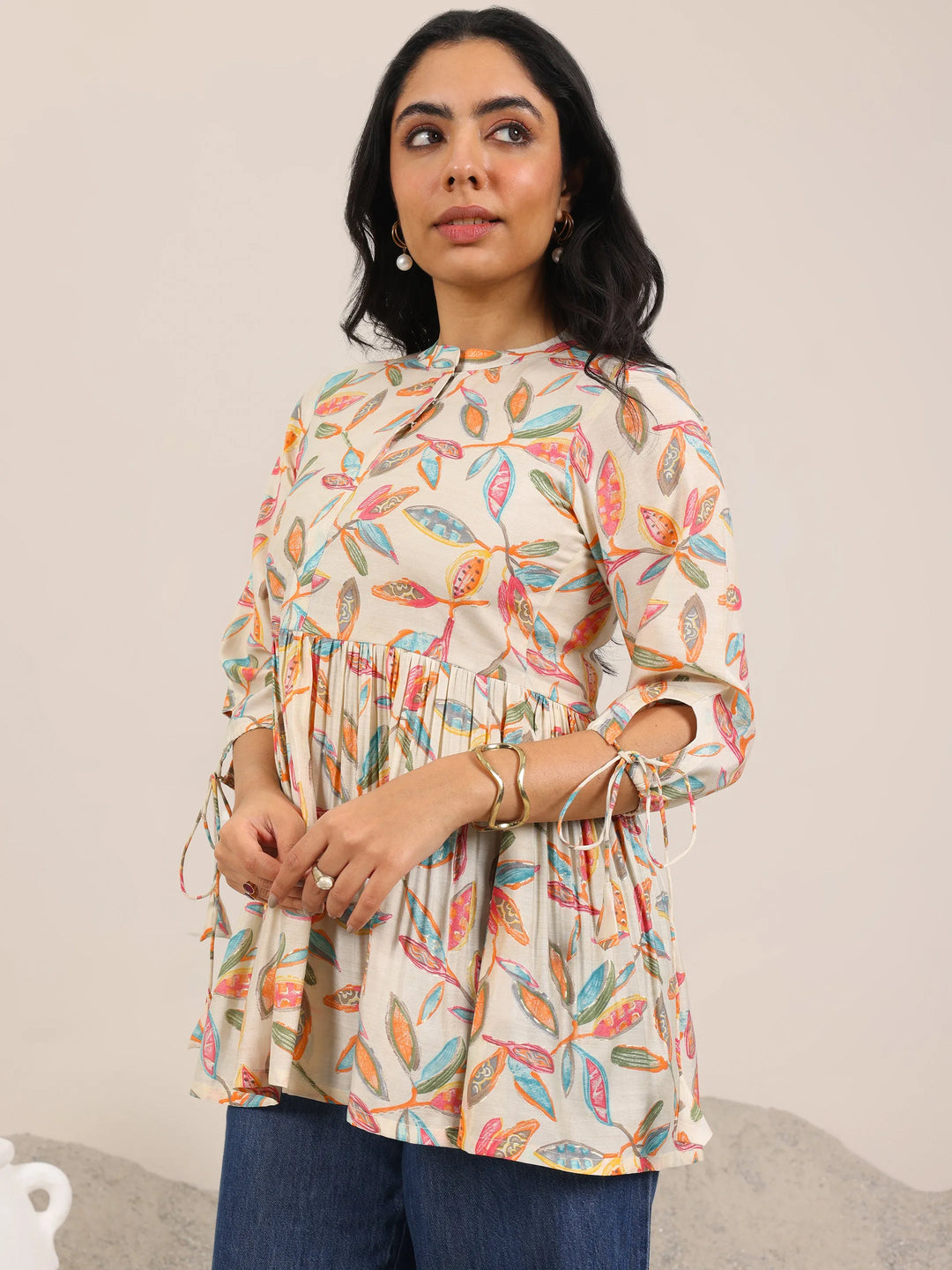  Off White Printed Silk Blend Anarkali Short Kurti 