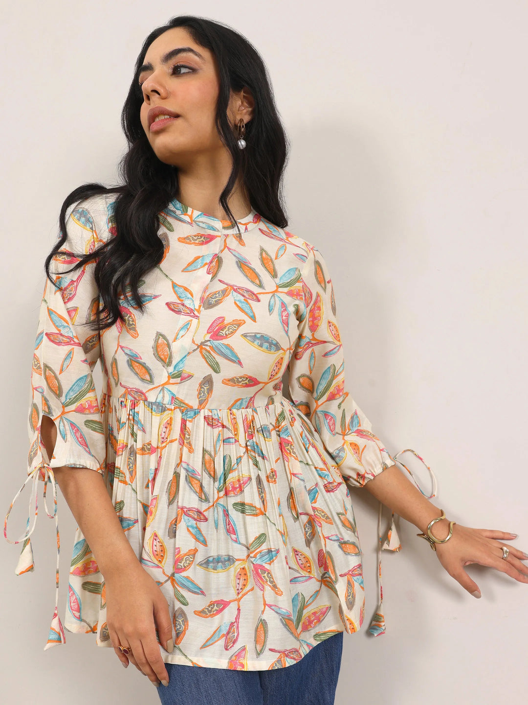  Off White Printed Silk Blend Anarkali Short Kurti 