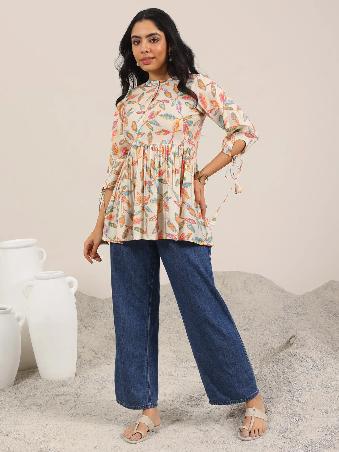 Off White Printed Silk Blend Anarkali Short Kurti 