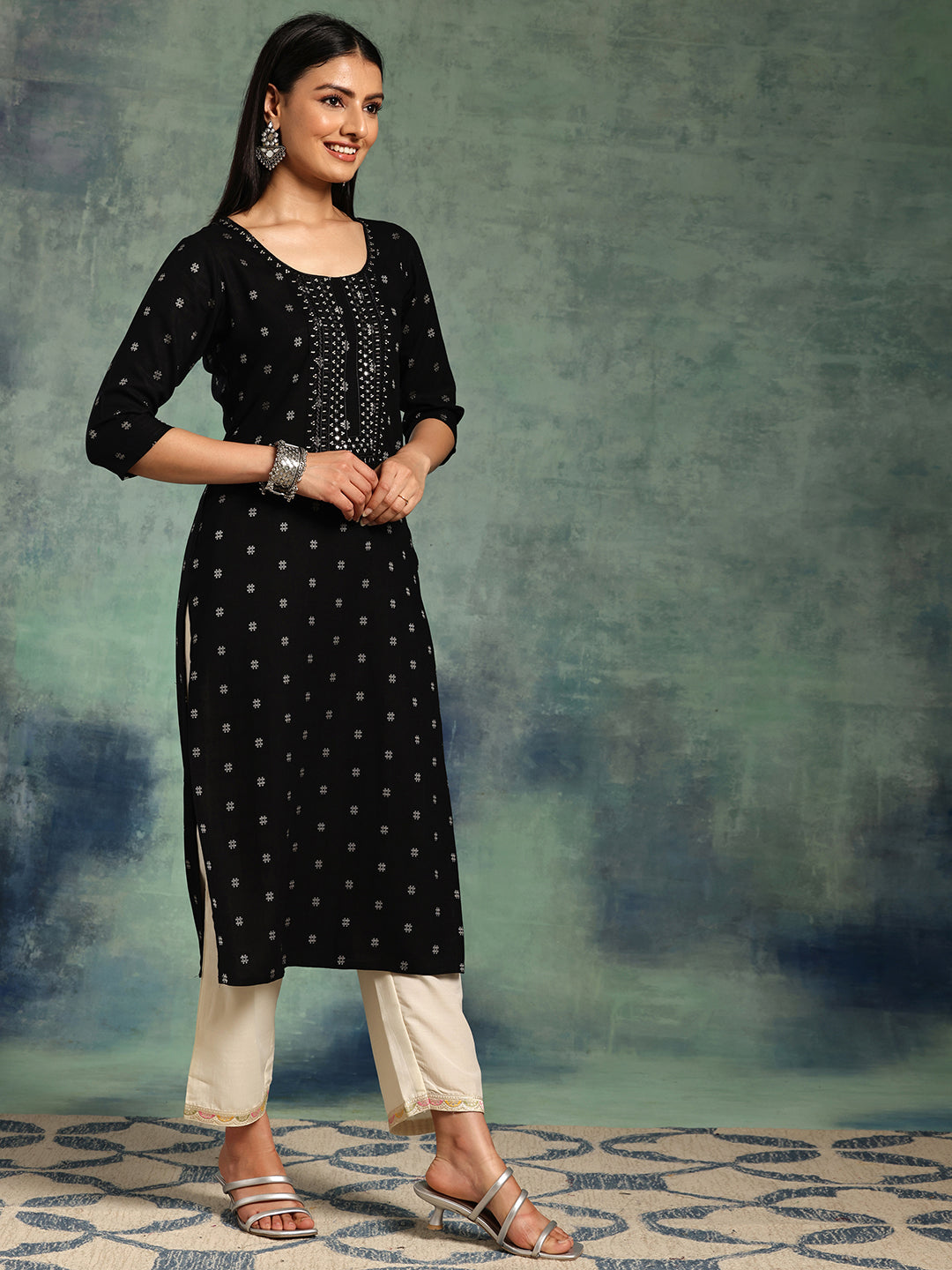  Black Embroidered Cotton Straight Kurta 