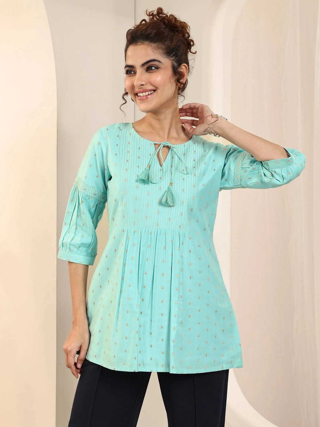  Blue Woven Design Silk Blend A-Line Short Kurti 