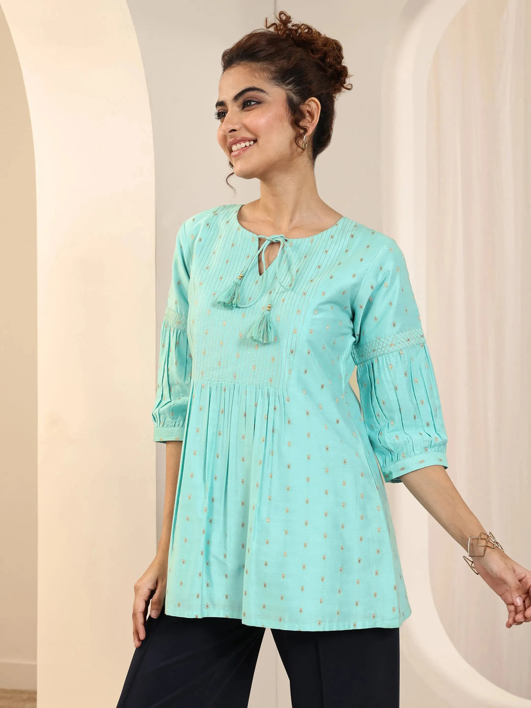  Blue Woven Design Silk Blend A-Line Short Kurti 