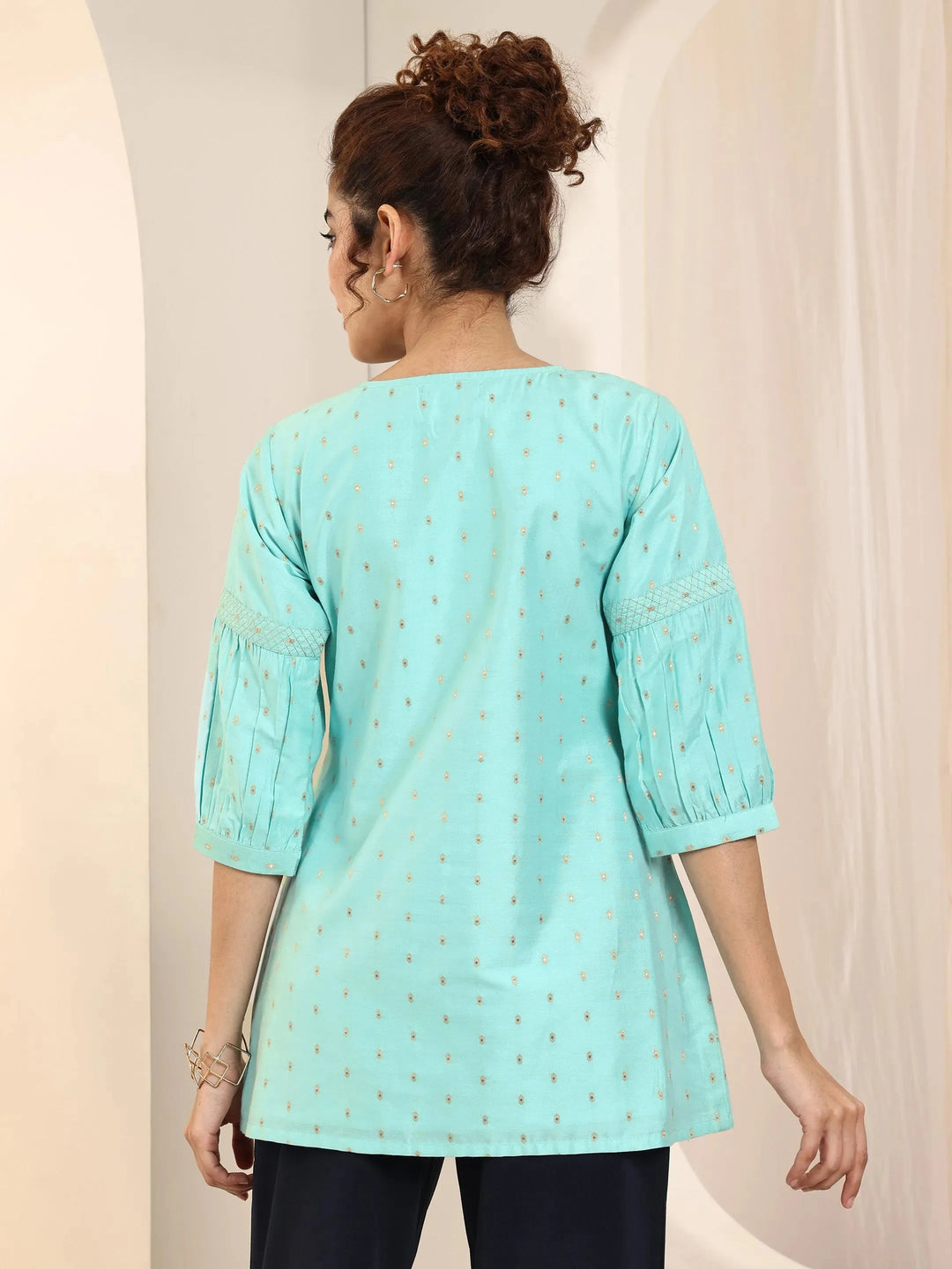  Blue Woven Design Silk Blend A-Line Short Kurti 