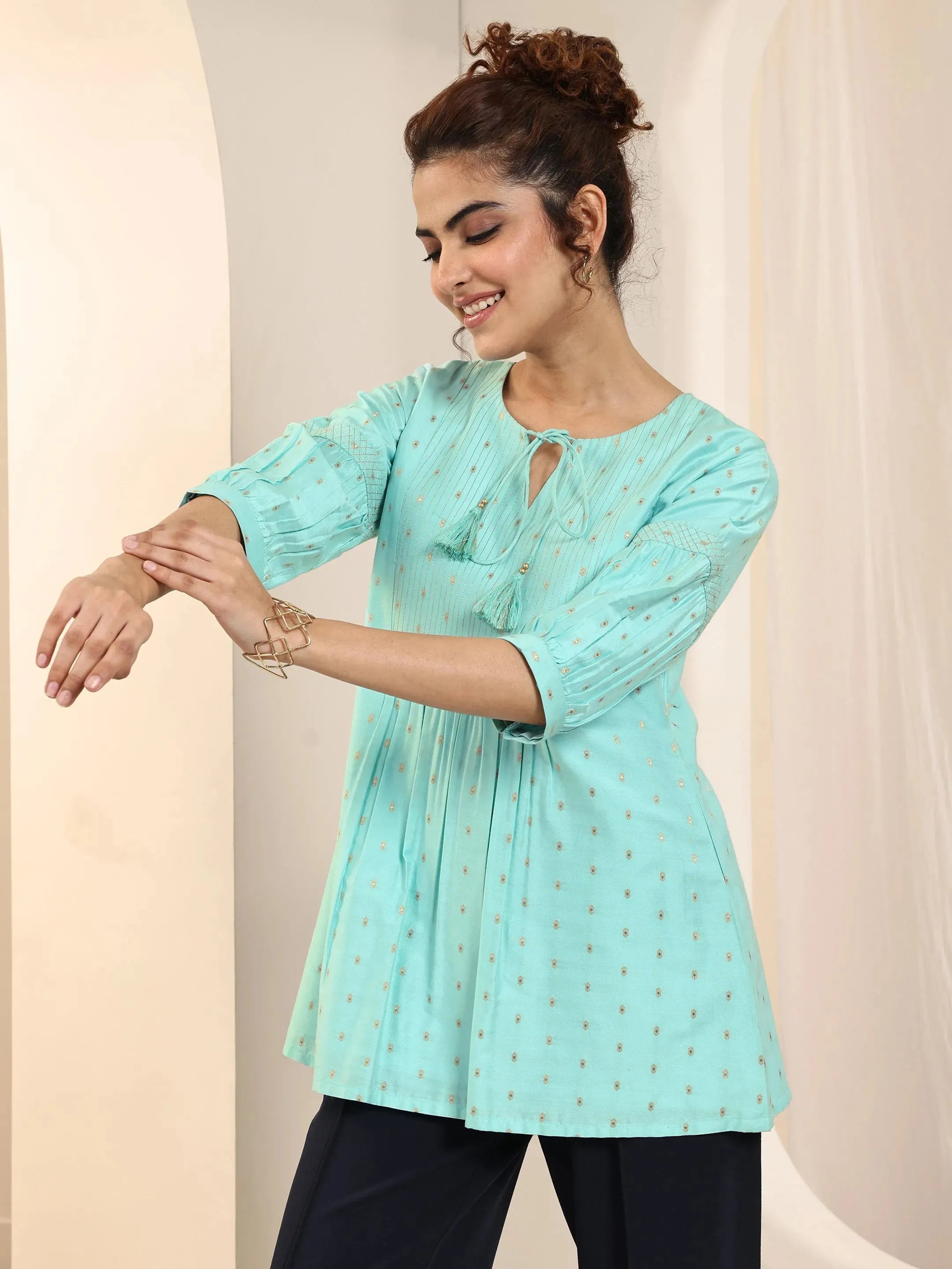 Blue Woven Design Silk Blend A-Line Short Kurti-image-11
