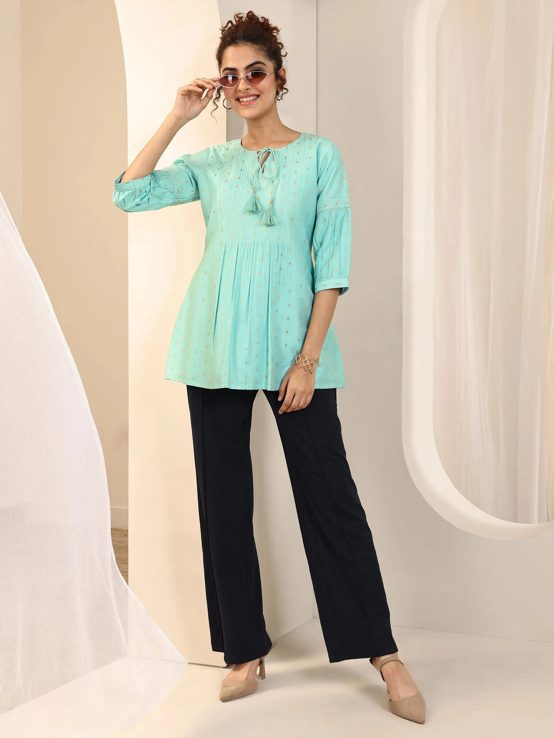  Blue Woven Design Silk Blend A-Line Short Kurti 