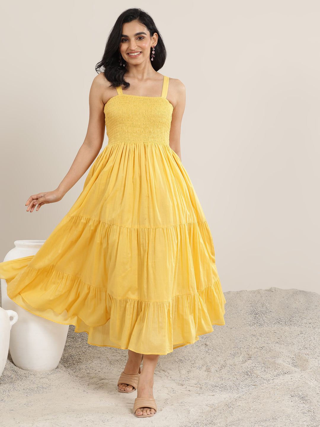  Mustard Solid Cotton Fit and Flare One Piece Dress 