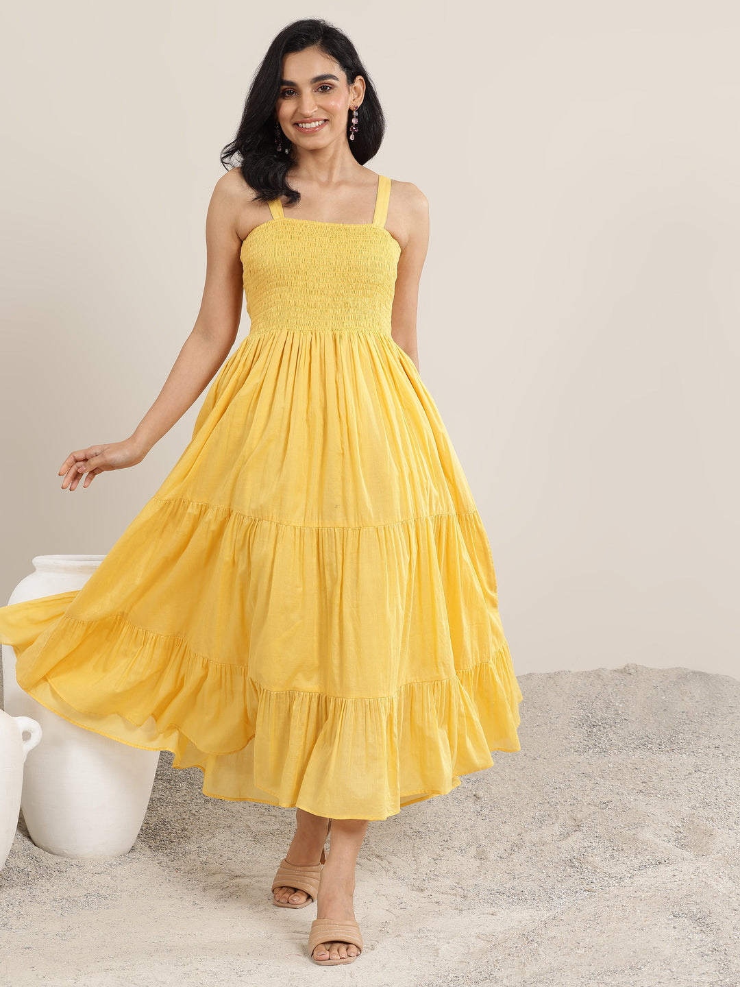  Mustard Solid Cotton Fit and Flare One Piece Dress 