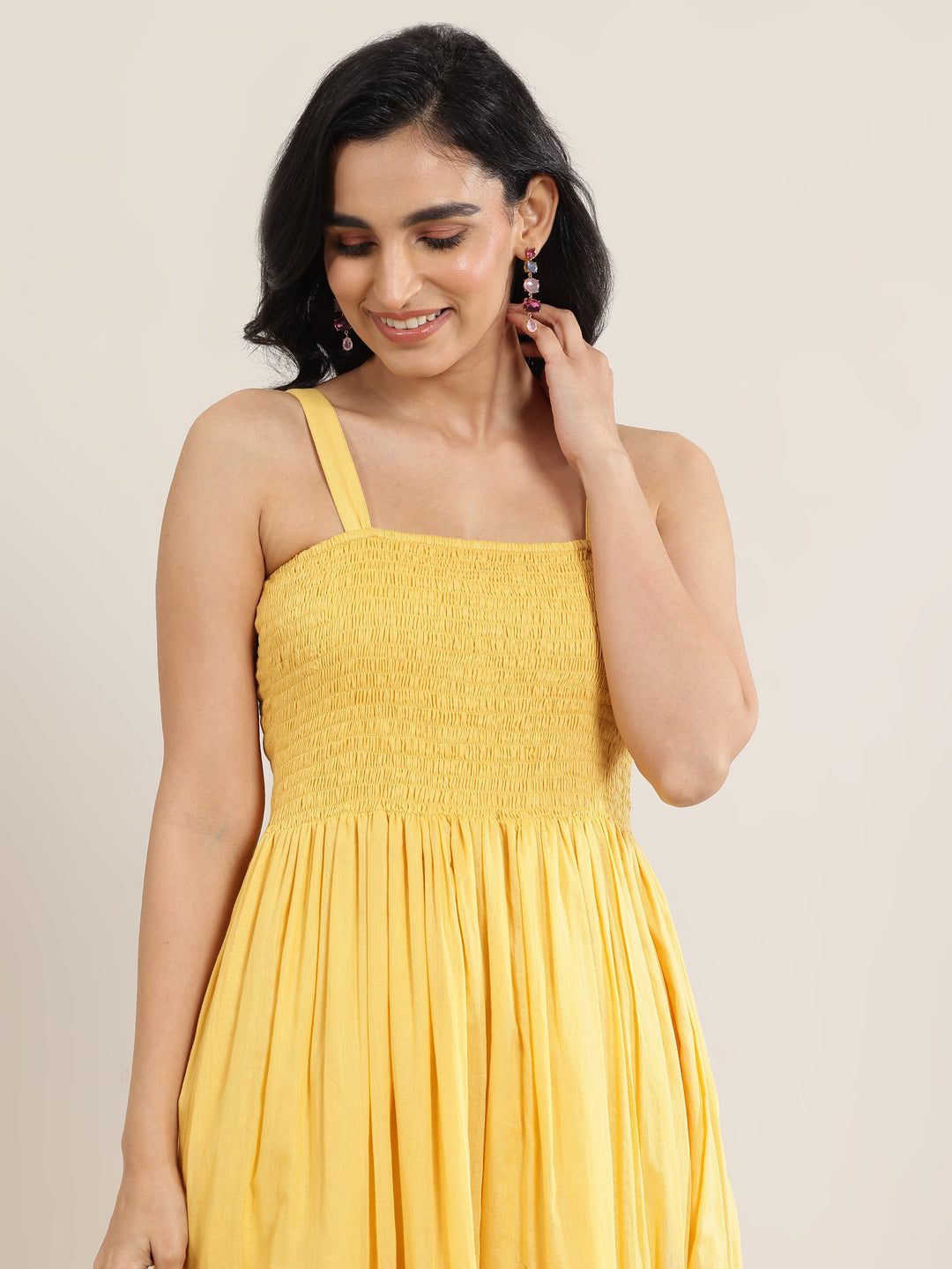  Mustard Solid Cotton Fit and Flare One Piece Dress 