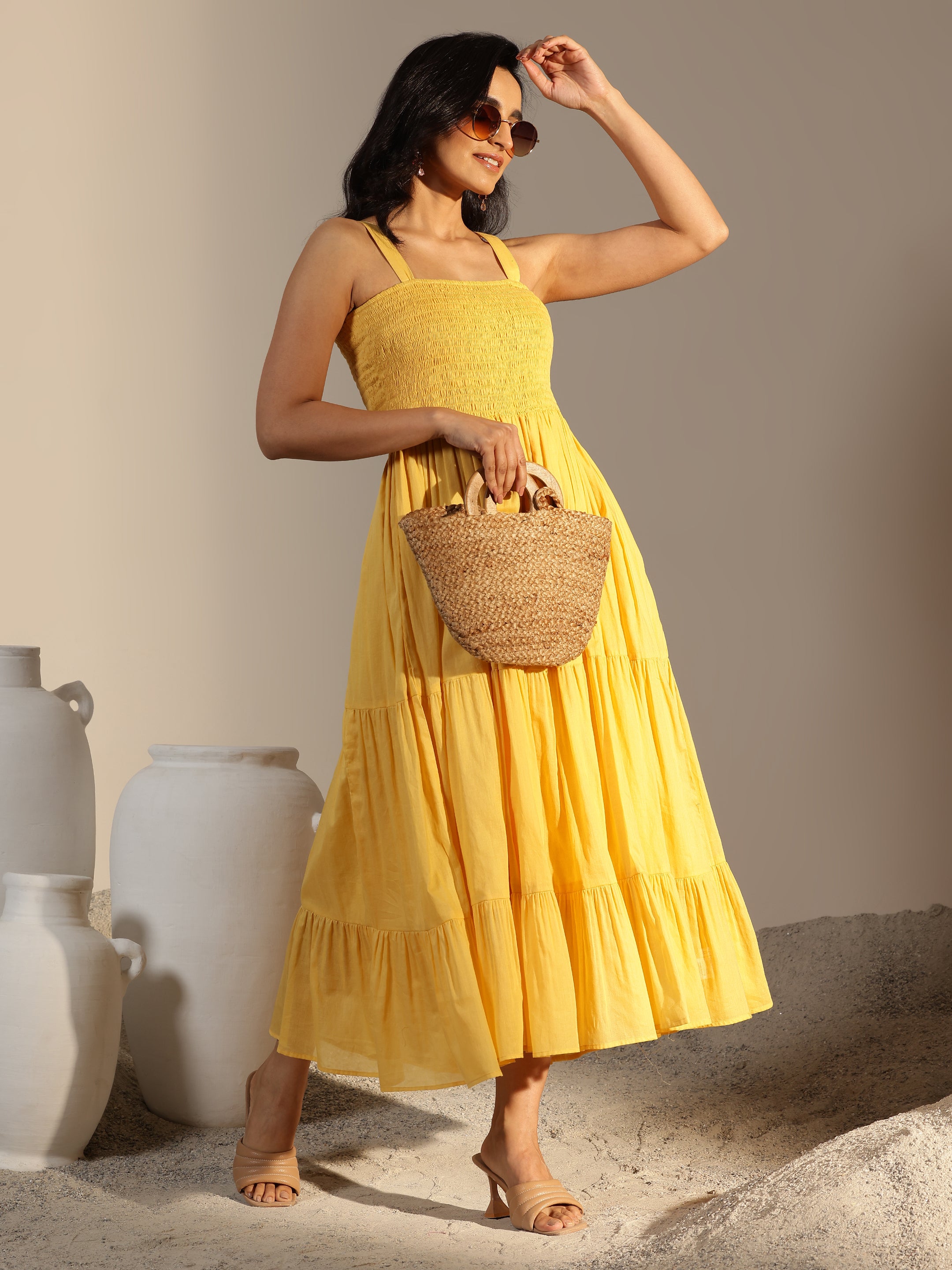 Mustard Solid Cotton Fit and Flare One Piece Dress-image-12