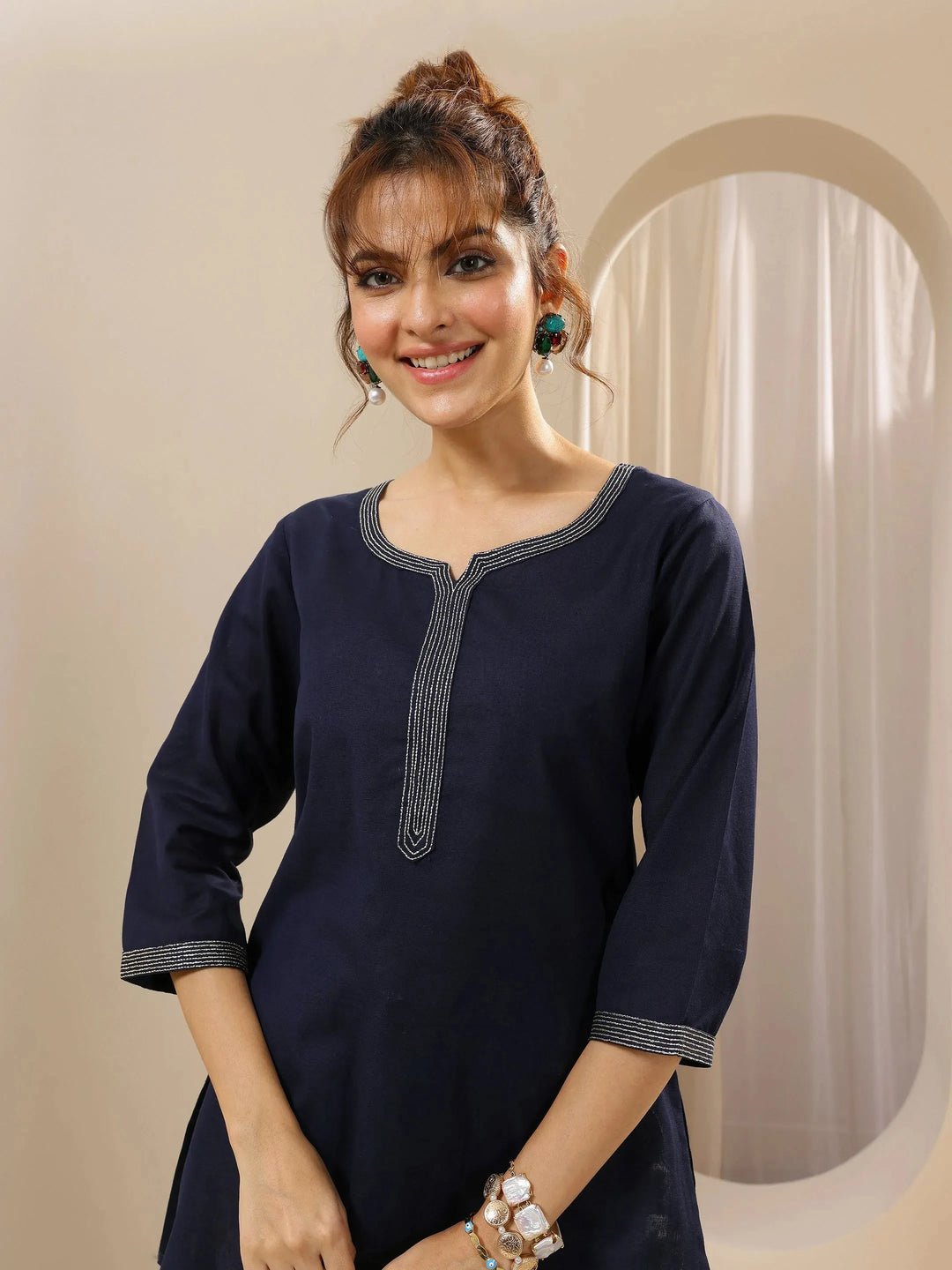  Blue Solid Cotton Straight Short Kurti 
