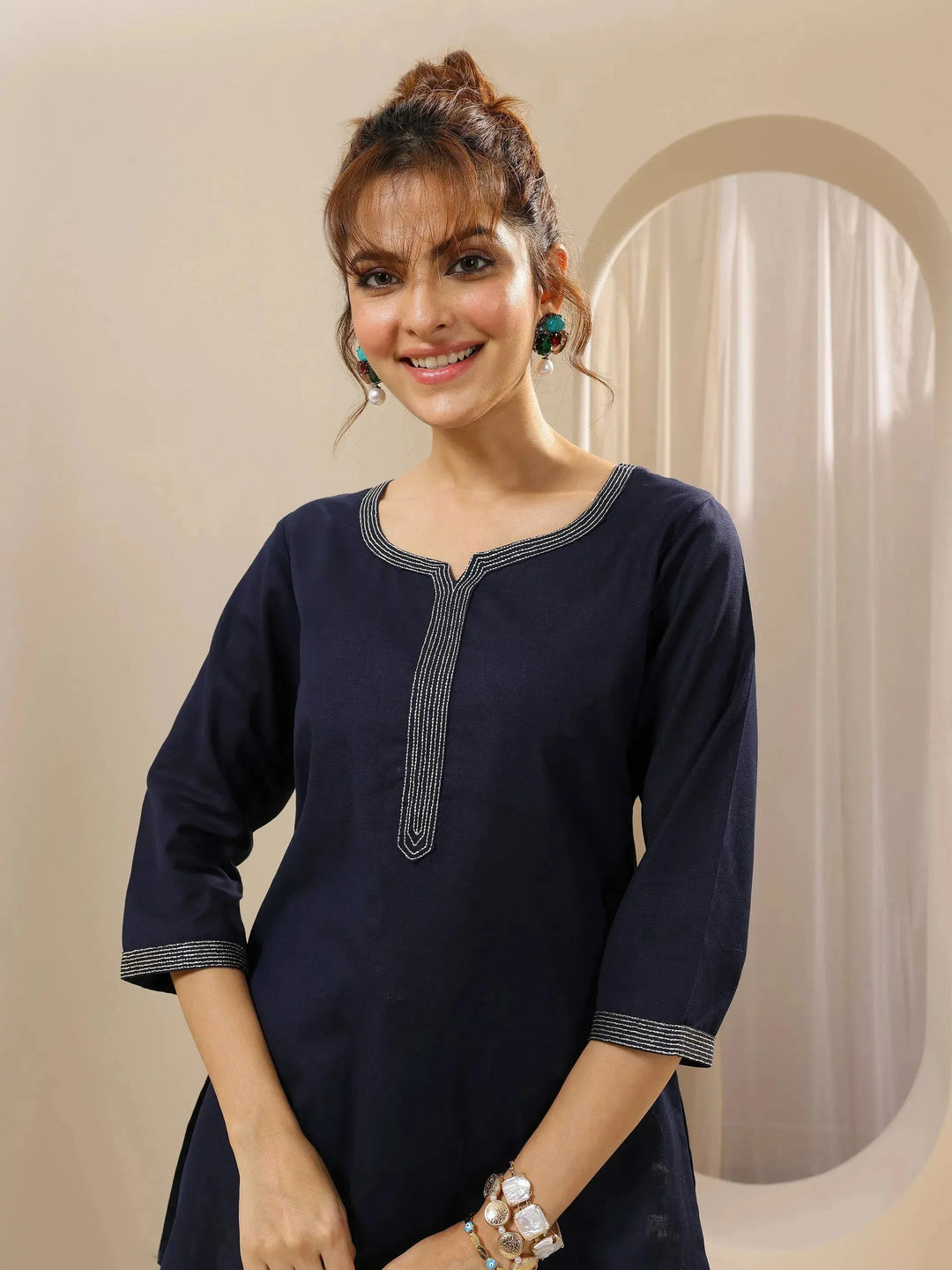  Blue Solid Cotton Straight Short Kurti 