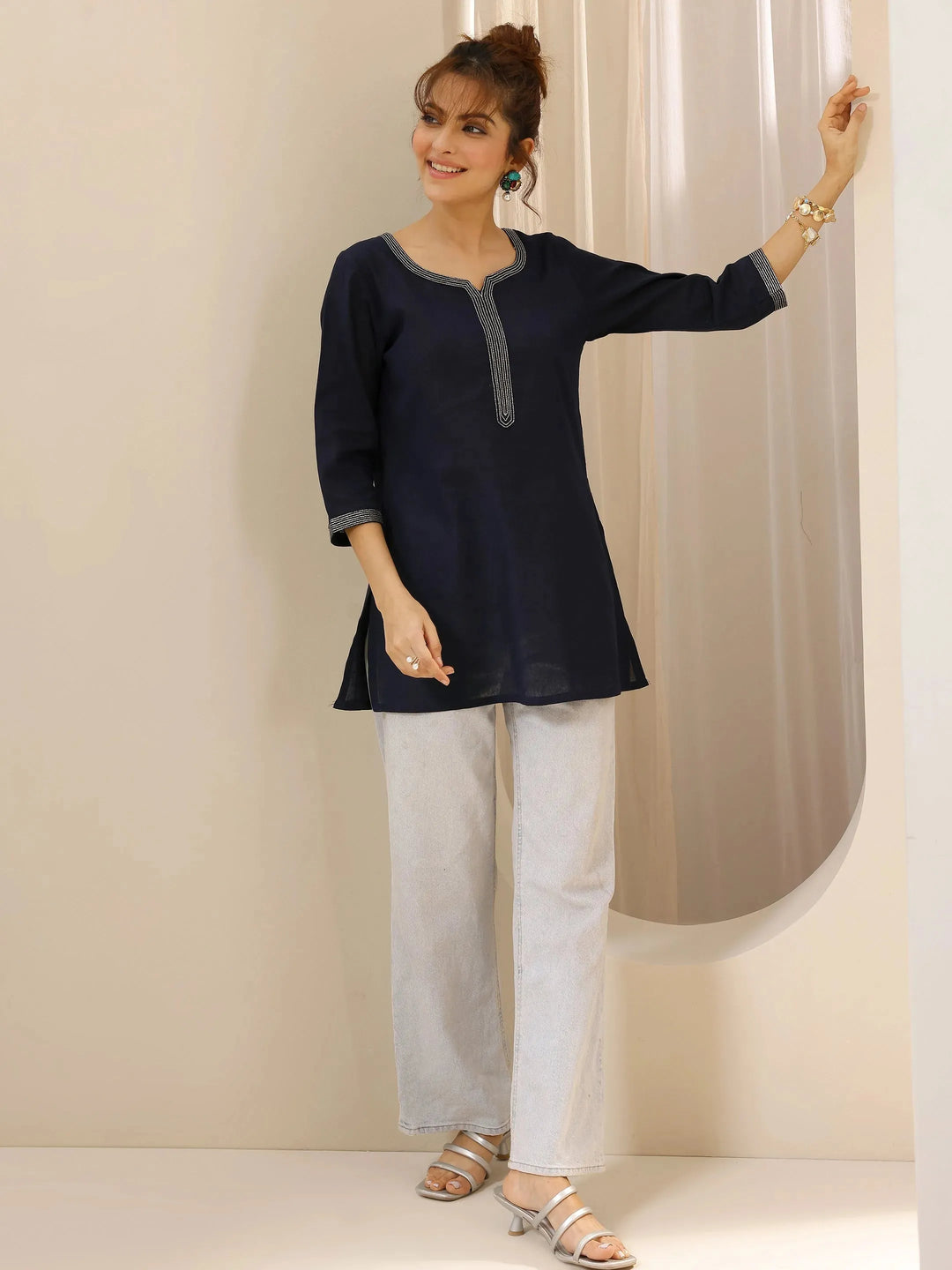  Blue Solid Cotton Straight Short Kurti 