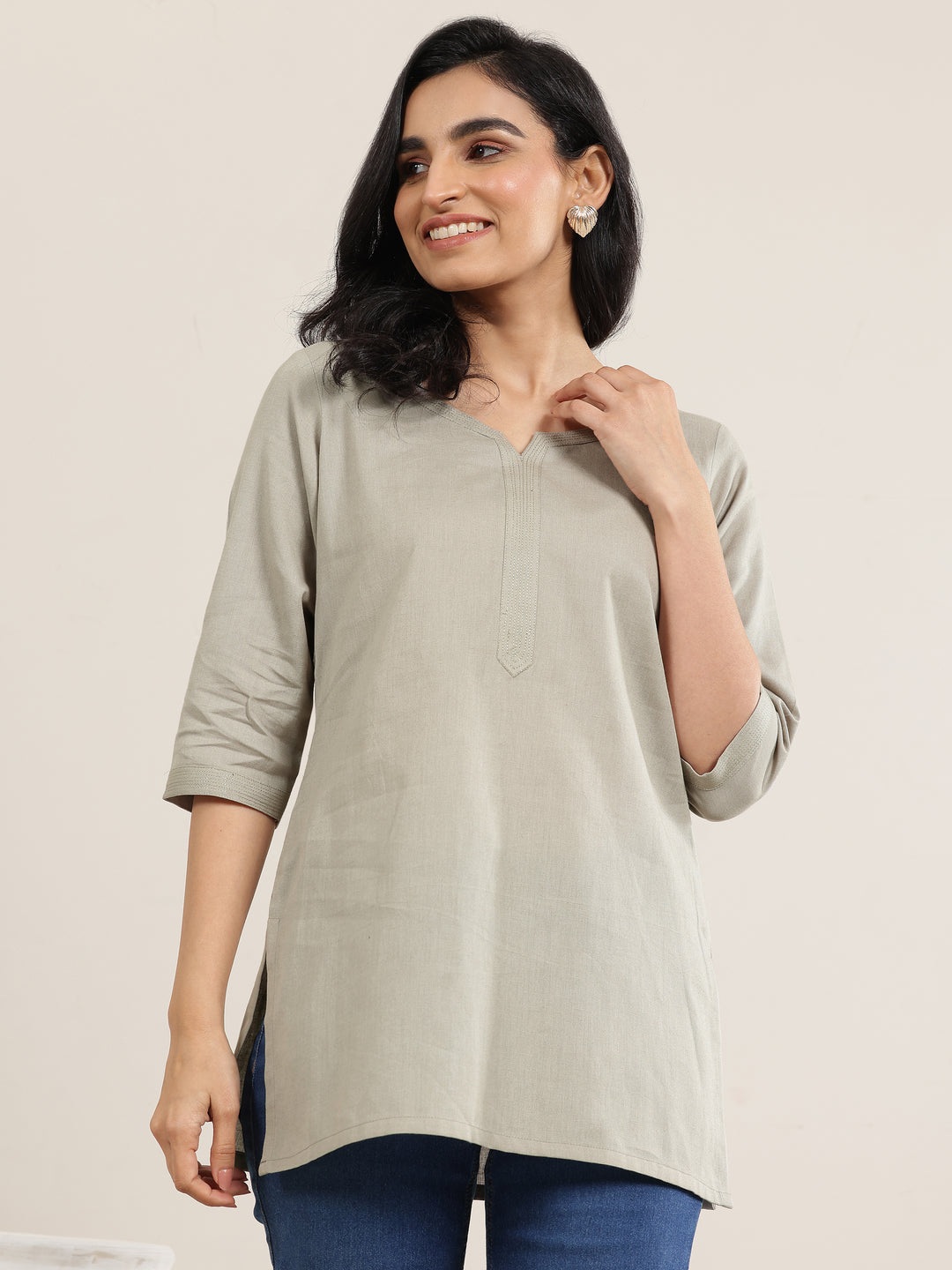  Grey Solid Cotton Straight Short Kurti 