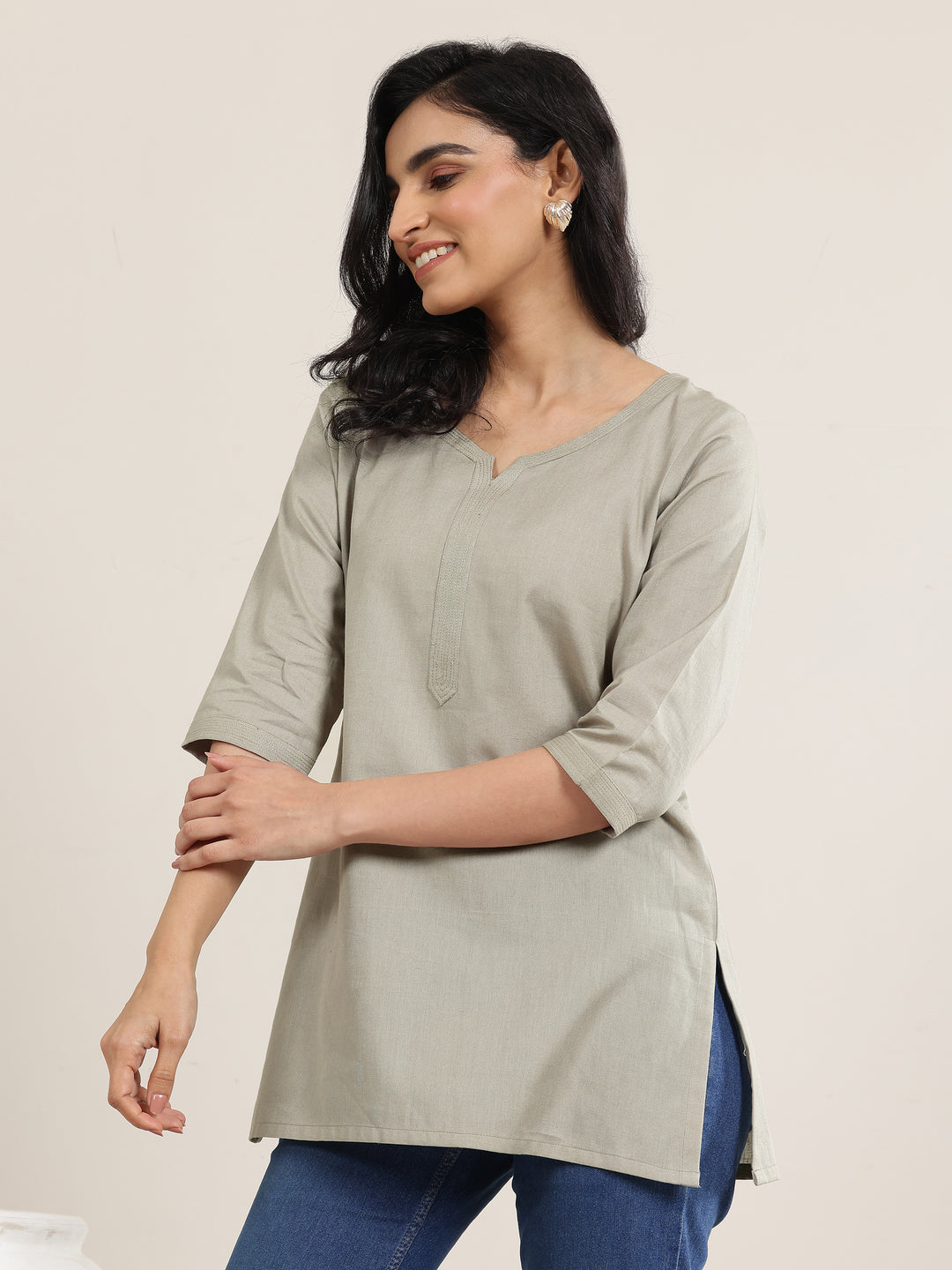  Grey Solid Cotton Straight Short Kurti 