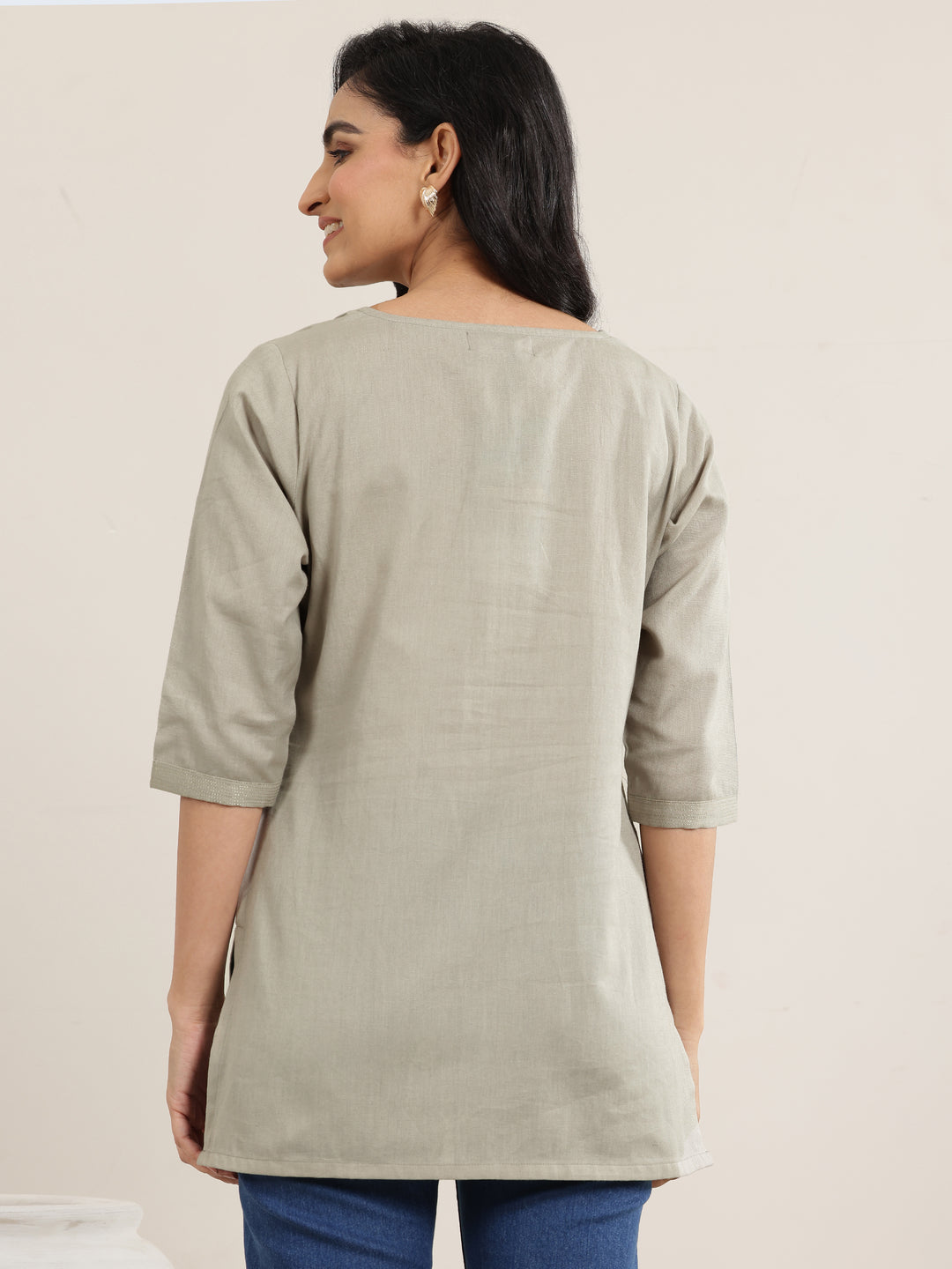  Grey Solid Cotton Straight Short Kurti 