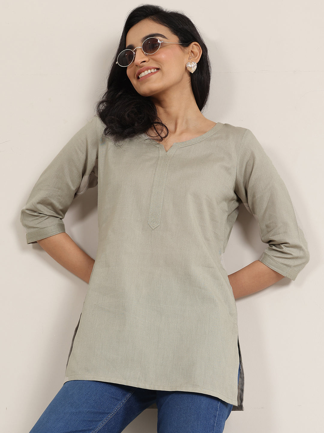  Grey Solid Cotton Straight Short Kurti 