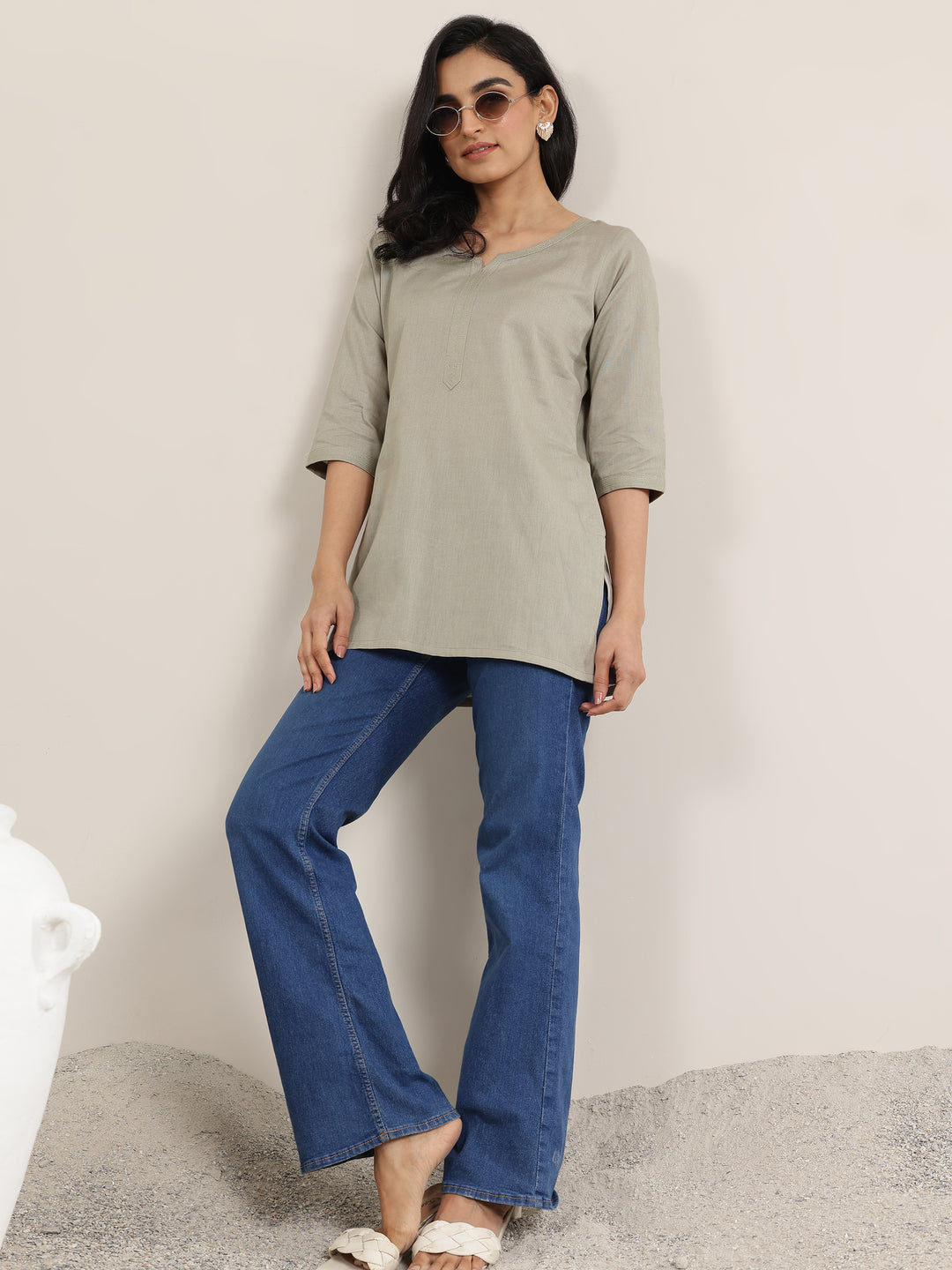  Grey Solid Cotton Straight Short Kurti 