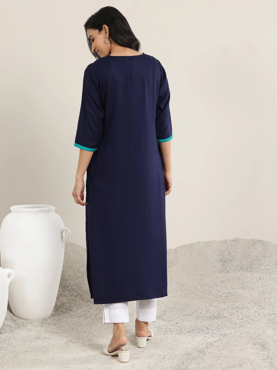  Navy Blue Yoke Design Rayon Straight Kurta 
